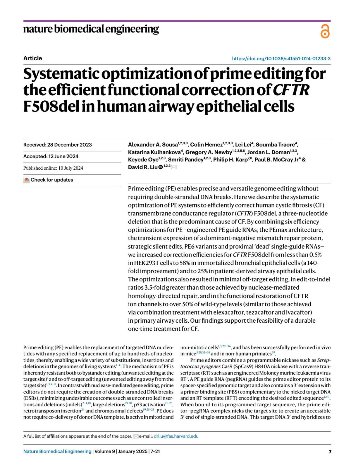 Systematic Optimization Of Prime Editing For The Efficient Functional Correction Of Cftr F508del In Human Airway Epithelial Cells Alexander A Sousa Colin Hemez Lei Lei Soumba Traore Katarina Kulhankova Gregory A Newby Jordan L Doman Keyede Oye Smriti Pandey Philip H Karp Paul B Mccray David R Liu