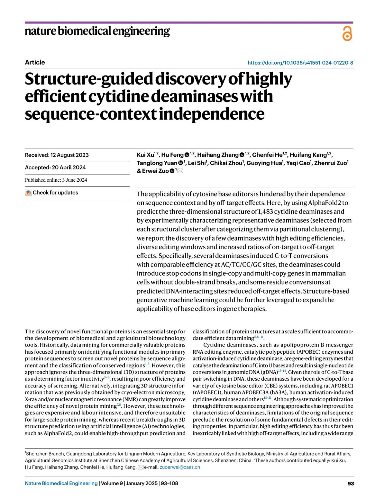 Structureguided Discovery Of Highly Efficient Cytidine Deaminases With Sequencecontext Independence Kui Xu Hu Feng Haihang Zhang Chenfei He Huifang Kang Tanglong Yuan Lei Shi Chikai Zhou Guoying Hua Yaqi Cao Zhenrui Zuo Erwei Zuo