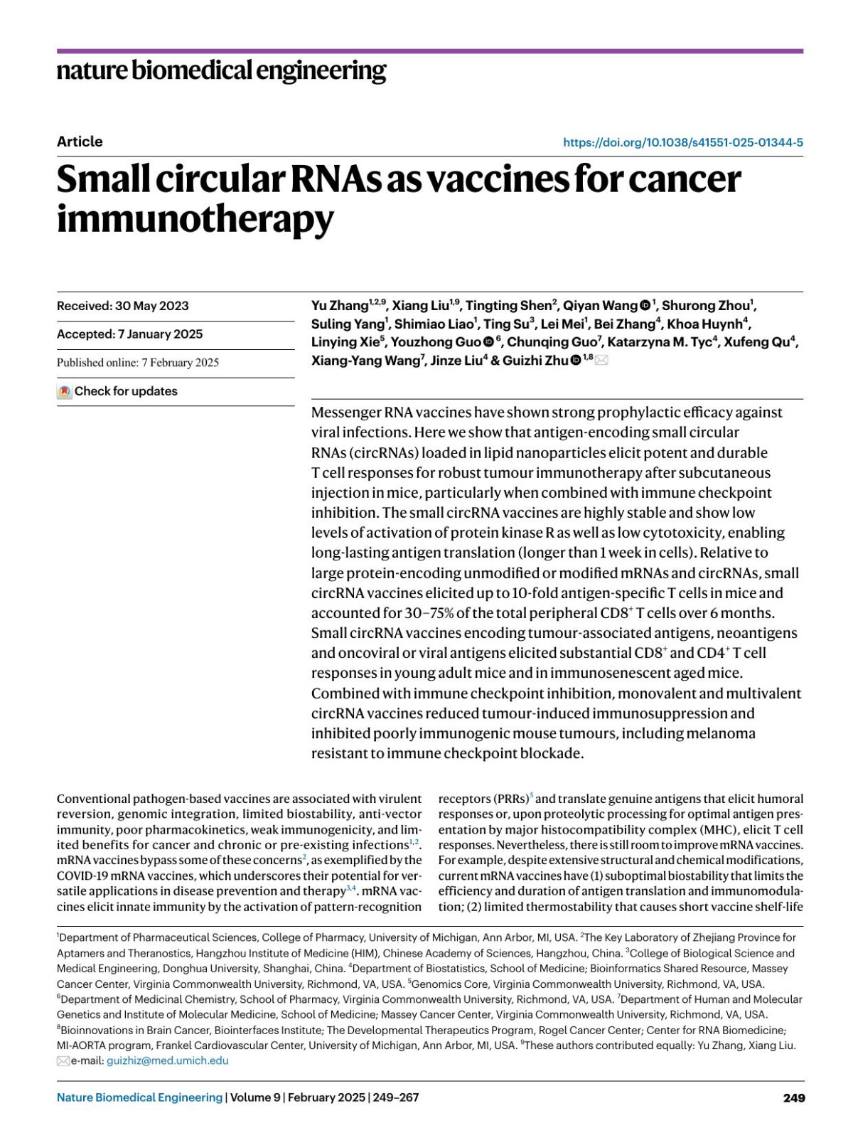 Small Circular Rnas As Vaccines For Cancer Immunotherapy Yu Zhang Xiang Liu Tingting Shen Qiyan Wang Shurong Zhou Suling Yang Shimiao Liao Ting Su Lei Mei Bei Zhang Khoa Huynh Linying Xie Youzhong Guo Chunqing Guo Katarzyna M Tyc Xufeng Qu Xiangyang Wang Jinze Liu Guizhi