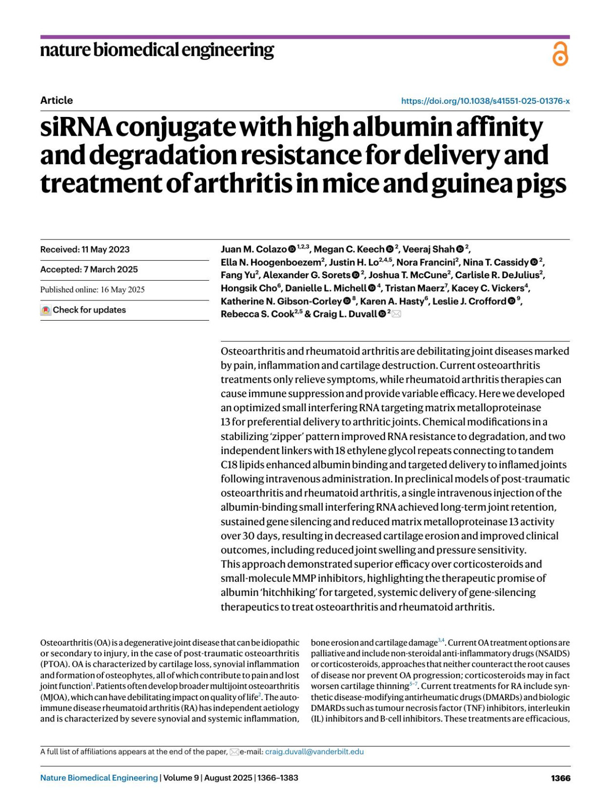 Sirna Conjugate With High Albumin Affinity And Degradation Resistance For Delivery And Treatment Of Arthritis In Mice And Guinea Pigs Juan M Colazo Megan C Keech Veeraj Shah Ella N Hoogenboezem Justin H Lo Nora Francini Nina T Cassidy Fang Yu Alexander G Sorets Joshua T Mccune Carlisle R Dejulius Hongsik Cho Danielle L Michell Tristan Maerz Kacey