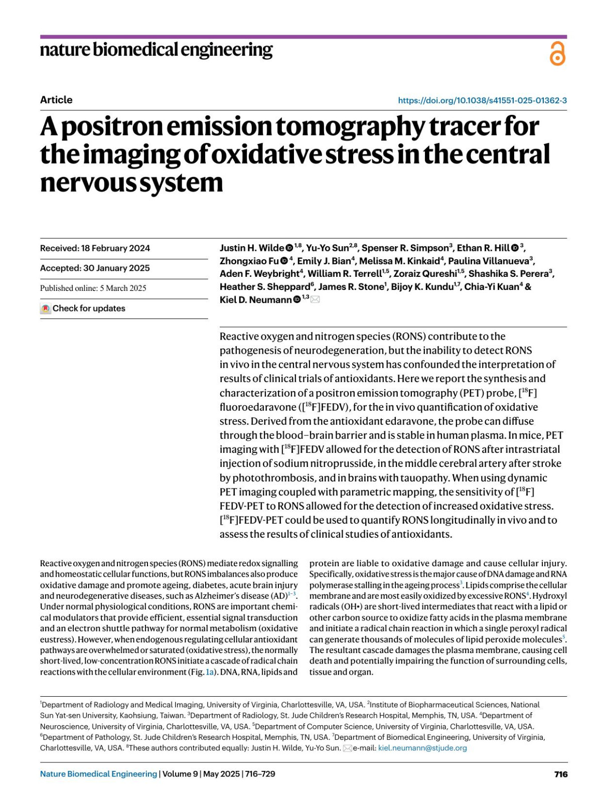 A Positron Emission Tomography Tracer For The Imaging Of Oxidative Stress In The Central Nervous System Justin H Wilde Yuyo Sun Spenser R Simpson Ethan R Hill Zhongxiao Fu Emily J Bian Melissa M Kinkaid Paulina Villanueva Aden F Weybright William R Terrell Zoraiz Qureshi Shashika S Perera Heather S Sheppard James R