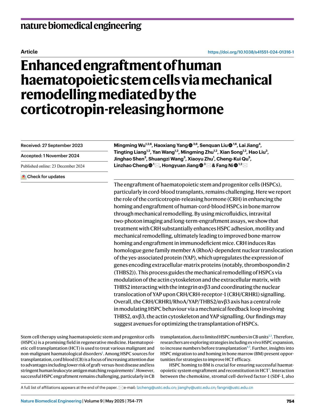 Enhanced Engraftment Of Human Haematopoietic Stem Cells Via Mechanical Remodelling Mediated By The Corticotropinreleasing Hormone Mingming Wu Haoxiang Yang Senquan Liu Lai Jiang Tingting Liang Yan Wang Mingming Zhu Xian Song Hao Liu Jinghao Shen Shuangzi Wang Xiaoyu Zhu Chengkui Qu Linzhao Cheng Hongyuan Jiang Fang Ni