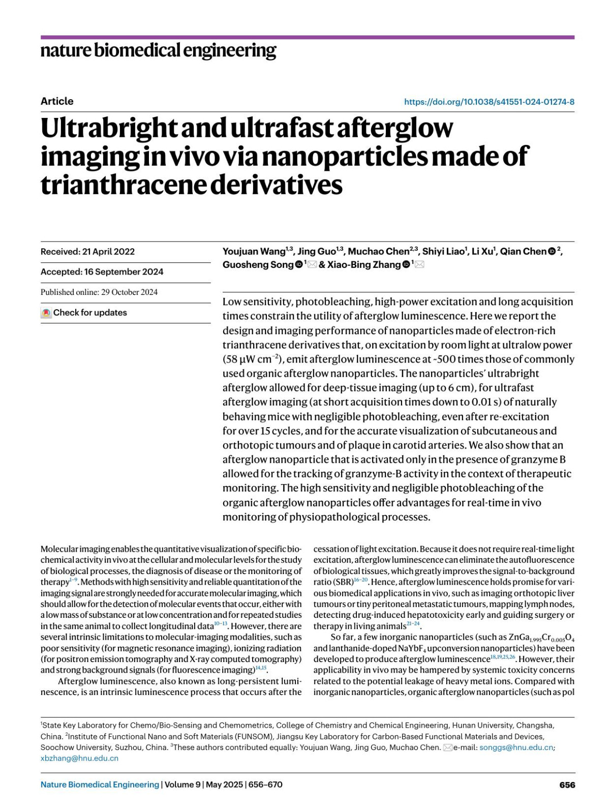 Ultrabright And Ultrafast Afterglow Imaging In Vivo Via Nanoparticles Made Of Trianthracene Derivatives Youjuan Wang Jing Guo Muchao Chen Shiyi Liao Li Xu Qian Chen Guosheng Song Xiaobing Zhang