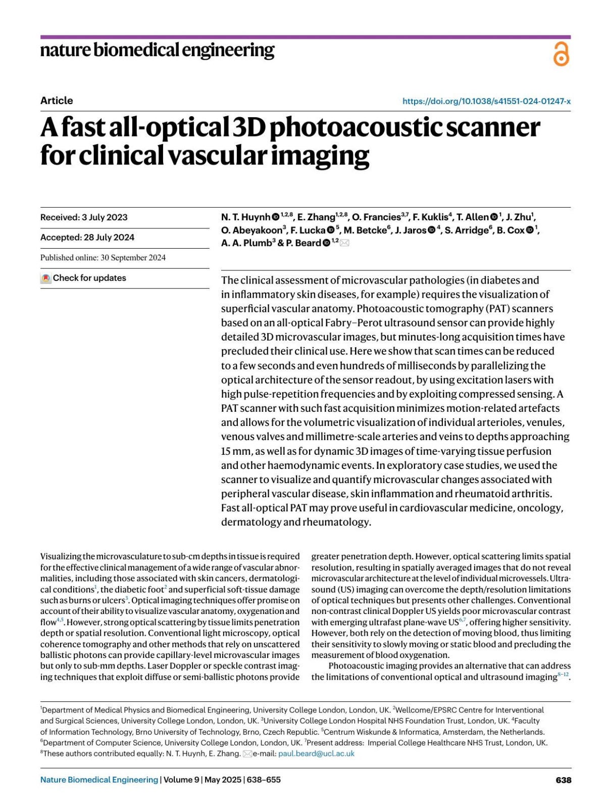 A Fast Alloptical 3d Photoacoustic Scanner For Clinical Vascular Imaging N T Huynh E Zhang O Francies F Kuklis T Allen J Zhu O Abeyakoon F Lucka M Betcke J Jaros S Arridge B Cox A A Plumb P Beard