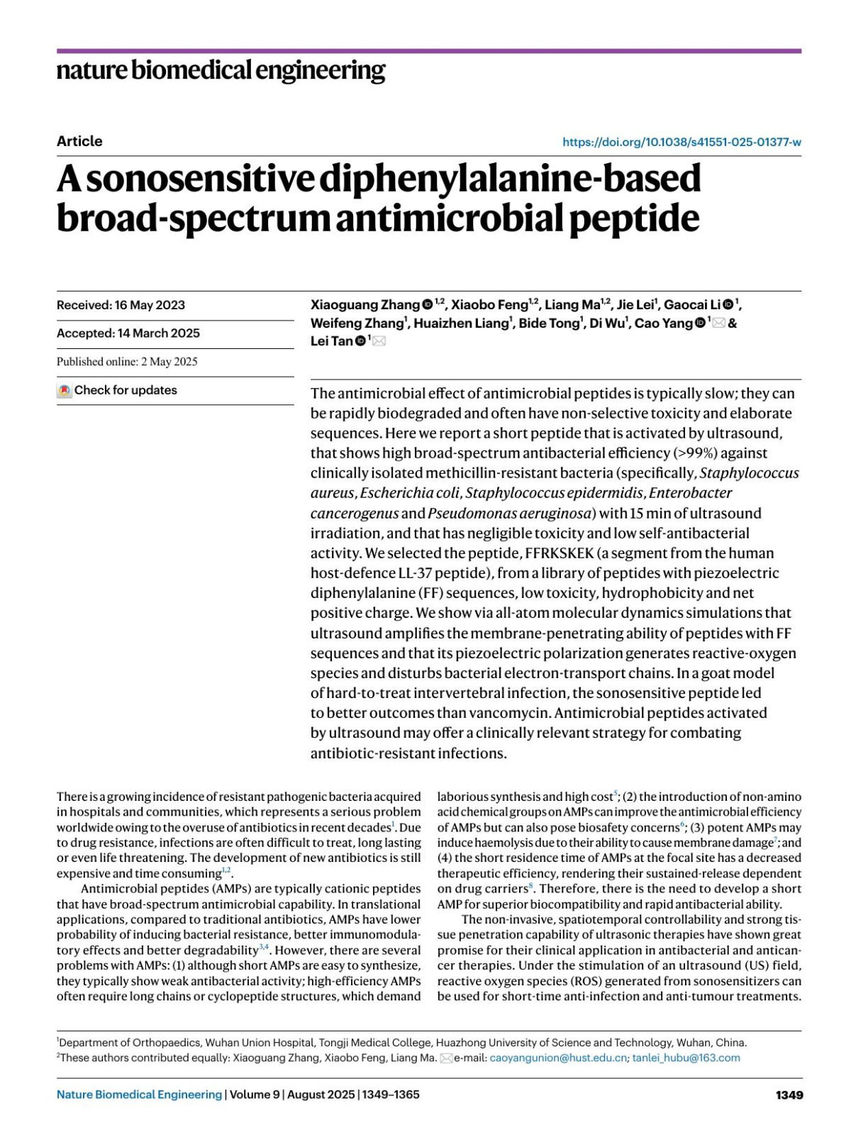 A Sonosensitive Diphenylalaninebased Broadspectrum Antimicrobial Peptide Xiaoguang Zhang Xiaobo Feng Liang Ma Jie Lei Gaocai Li Weifeng Zhang Huaizhen Liang Bide Tong Di Wu Cao Yang Lei Tan