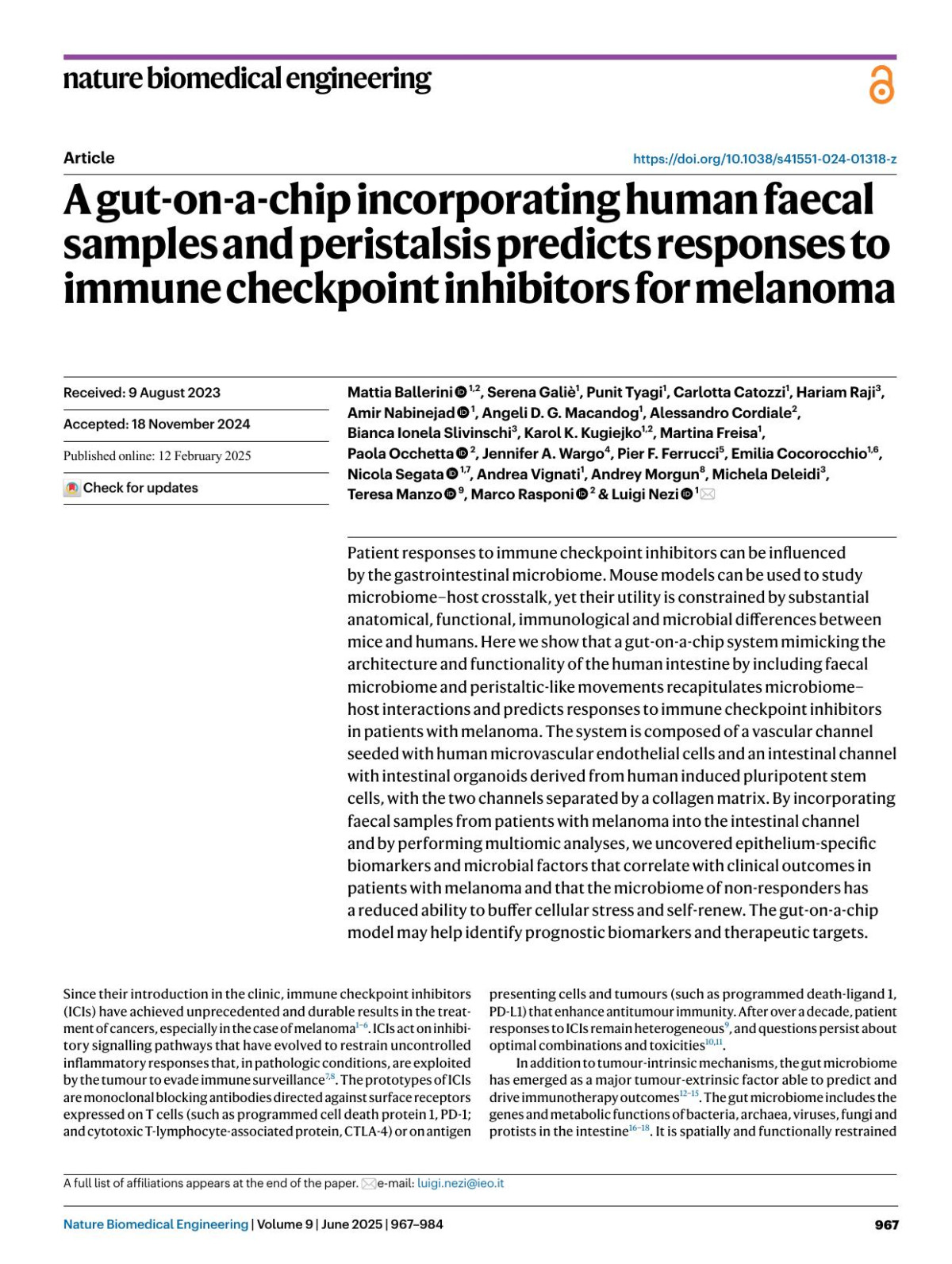 A Gutonachip Incorporating Human Faecal Samples And Peristalsis Predicts Responses To Immune Checkpoint Inhibitors For Melanoma Mattia Ballerini Serena Galiè Punit Tyagi Carlotta Catozzi Hariam Raji Amir Nabinejad Angeli D G Macandog Alessandro Cordiale Bianca Ionela Slivinschi Karol K Kugiejko Martina Freisa Paola Occhetta Jennifer A Wargo Pier F