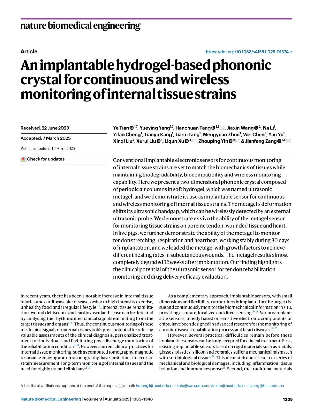 An Implantable Hydrogelbased Phononic Crystal For Continuous And Wireless Monitoring Of Internal Tissue Strains Ye Tian Yueying Yang Hanchuan Tang Jiaxin Wang Na Li Yifan Cheng Tianyu Kang Jiarui Tang Mengyuan Zhou Wei Chen Yan Yu Xinqi Liu Xurui Liu Liqun Xu Zhouping Yin Jianfeng Zang