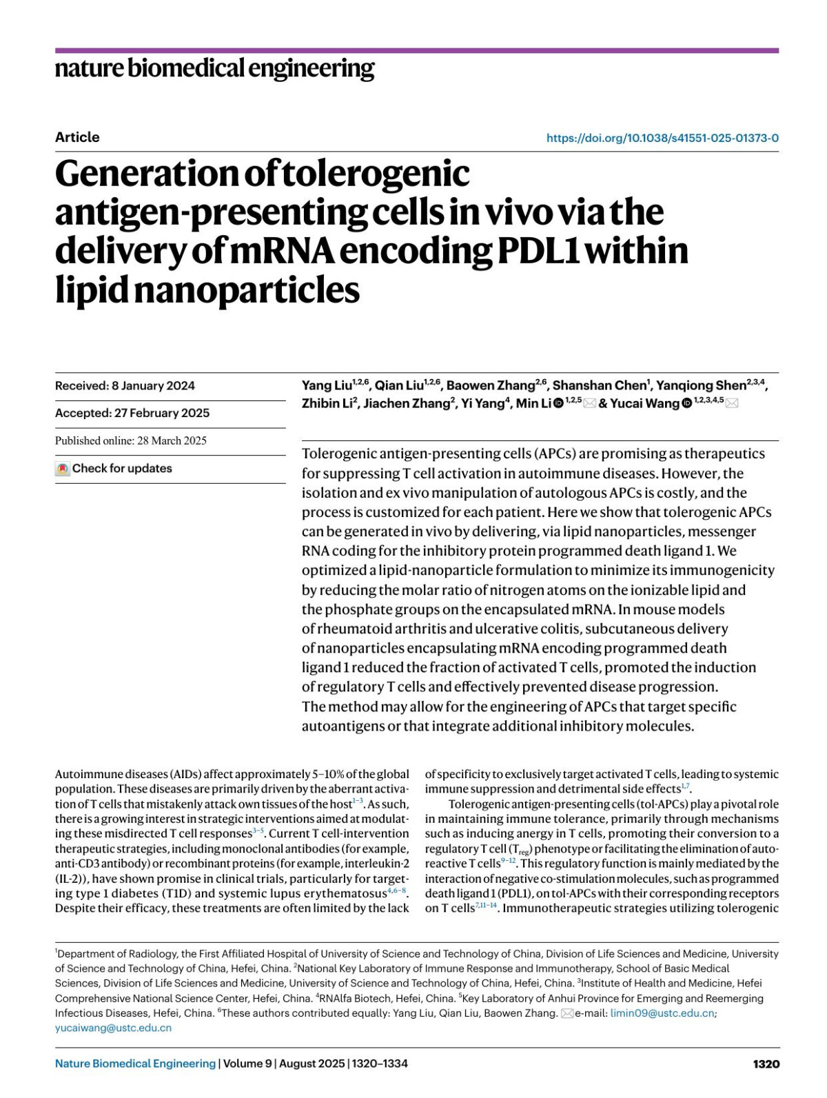 Generation Of Tolerogenic Antigenpresenting Cells In Vivo Via The Delivery Of Mrna Encoding Pdl1 Within Lipid Nanoparticles Yang Liu Qian Liu Baowen Zhang Shanshan Chen Yanqiong Shen Zhibin Li Jiachen Zhang Yi Yang Min Li Yucai Wang
