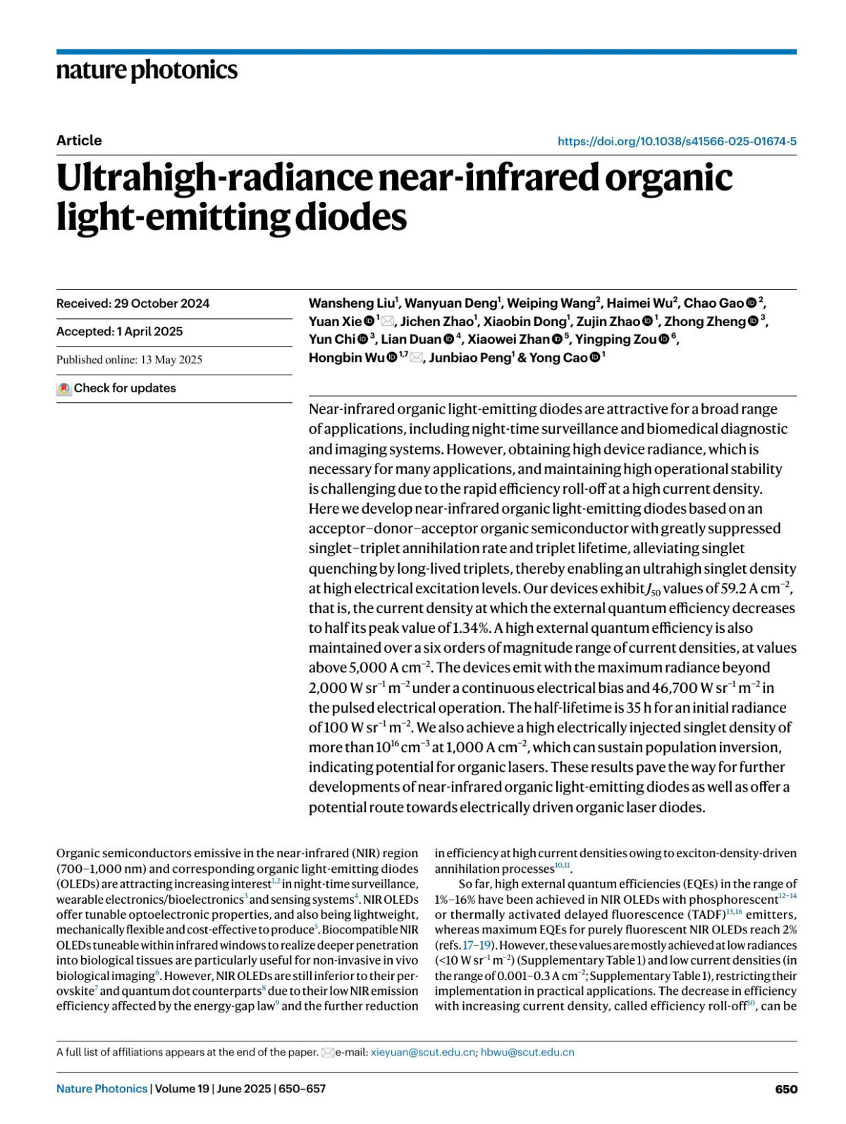 Ultrahighradiance Nearinfrared Organic Lightemitting Diodes Wansheng Liu Wanyuan Deng Weiping Wang Haimei Wu Chao Gao Yuan Xie Jichen Zhao Xiaobin Dong Zujin Zhao Zhong Zheng Yun Chi Lian Duan Xiaowei Zhan Yingping Zou Hongbin Wu Junbiao Peng Yong Cao