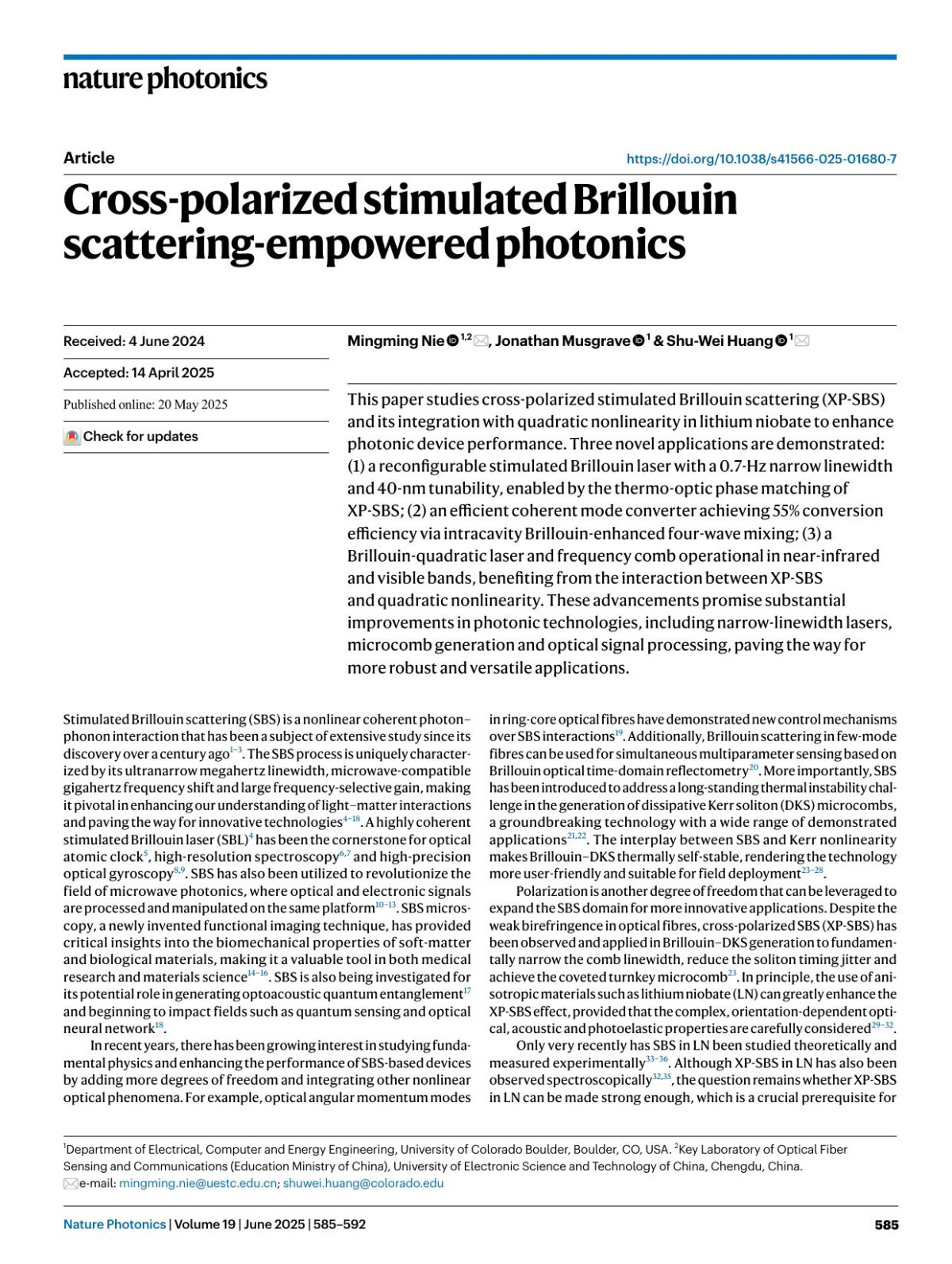 Crosspolarized Stimulated Brillouin Scatteringempowered Photonics Mingming Nie Jonathan Musgrave Shuwei Huang