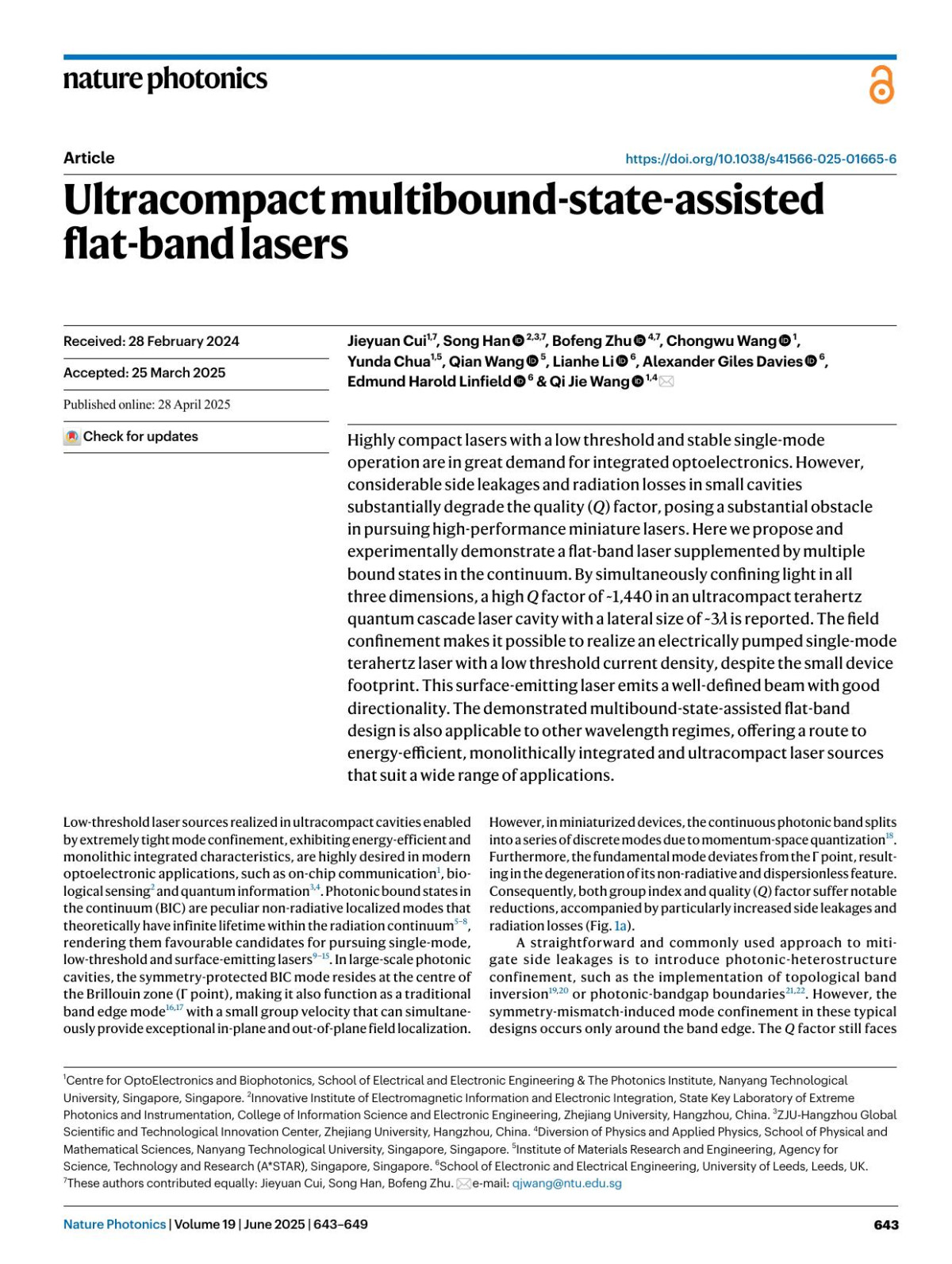 Ultracompact Multiboundstateassisted Flatband Lasers Jieyuan Cui Song Han Bofeng Zhu Chongwu Wang Yunda Chua Qian Wang Lianhe Li Alexander Giles Davies Edmund Harold Linfield Qi Jie Wang