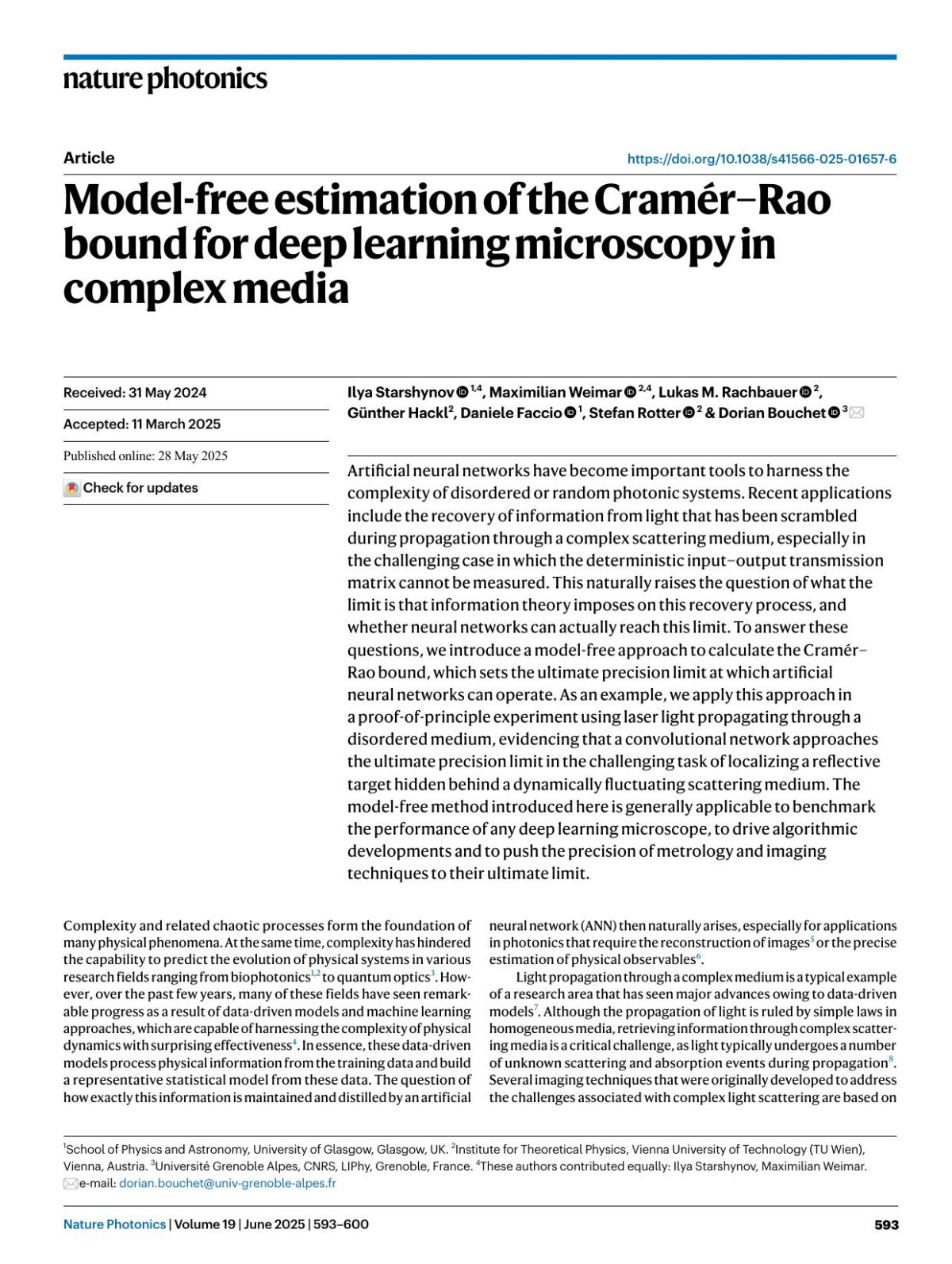 Modelfree Estimation Of The Cramérrao Bound For Deep Learning Microscopy In Complex Media Ilya Starshynov Maximilian Weimar Lukas M Rachbauer Günther Hackl Daniele Faccio Stefan Rotter Dorian Bouchet