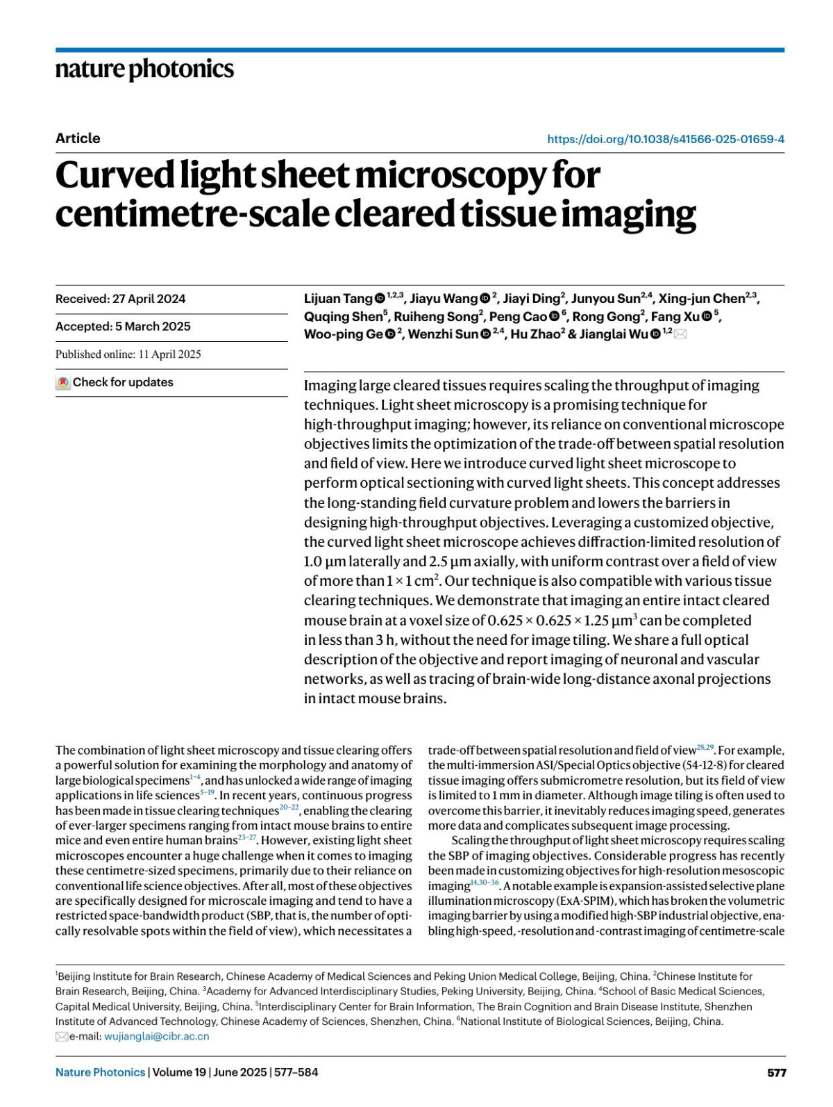 Curved Light Sheet Microscopy For Centimetrescale Cleared Tissue Imaging Lijuan Tang Jiayu Wang Jiayi Ding Junyou Sun Xingjun Chen Quqing Shen Ruiheng Song Peng Cao Rong Gong Fang Xu Wooping Ge Wenzhi Sun Hu Zhao Jianglai Wu