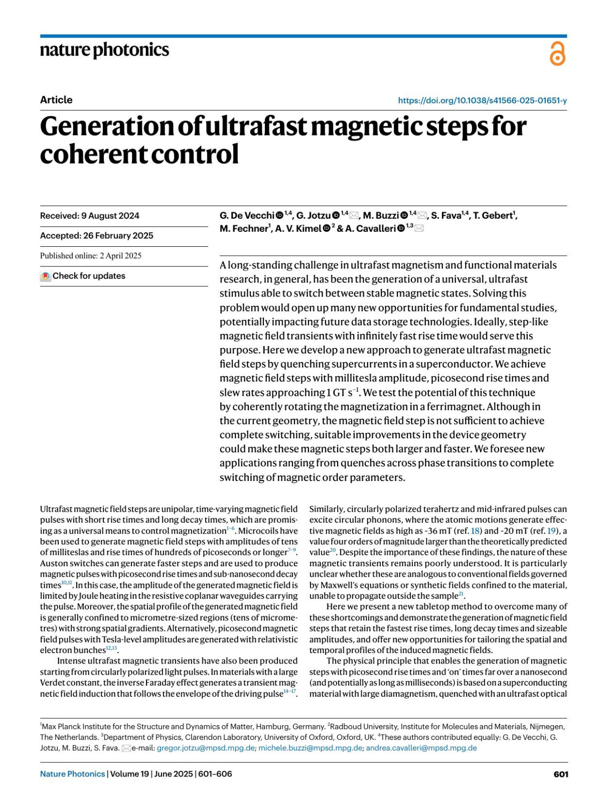 Generation Of Ultrafast Magnetic Steps For Coherent Control G De Vecchi G Jotzu M Buzzi S Fava T Gebert M Fechner A V Kimel A Cavalleri