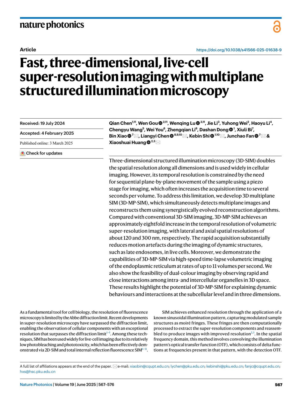 Fast Threedimensional Livecell Superresolution Imaging With Multiplane Structured Illumination Microscopy Qian Chen Wen Gou Wenqing Lu Jie Li Yuhong Wei Haoyu Li Chengyu Wang Wei You Zhengqian Li Dashan Dong Xiuli Bi Bin Xiao Liangyi Chen Kebin Shi Junchao Fan Xiaoshuai Huang