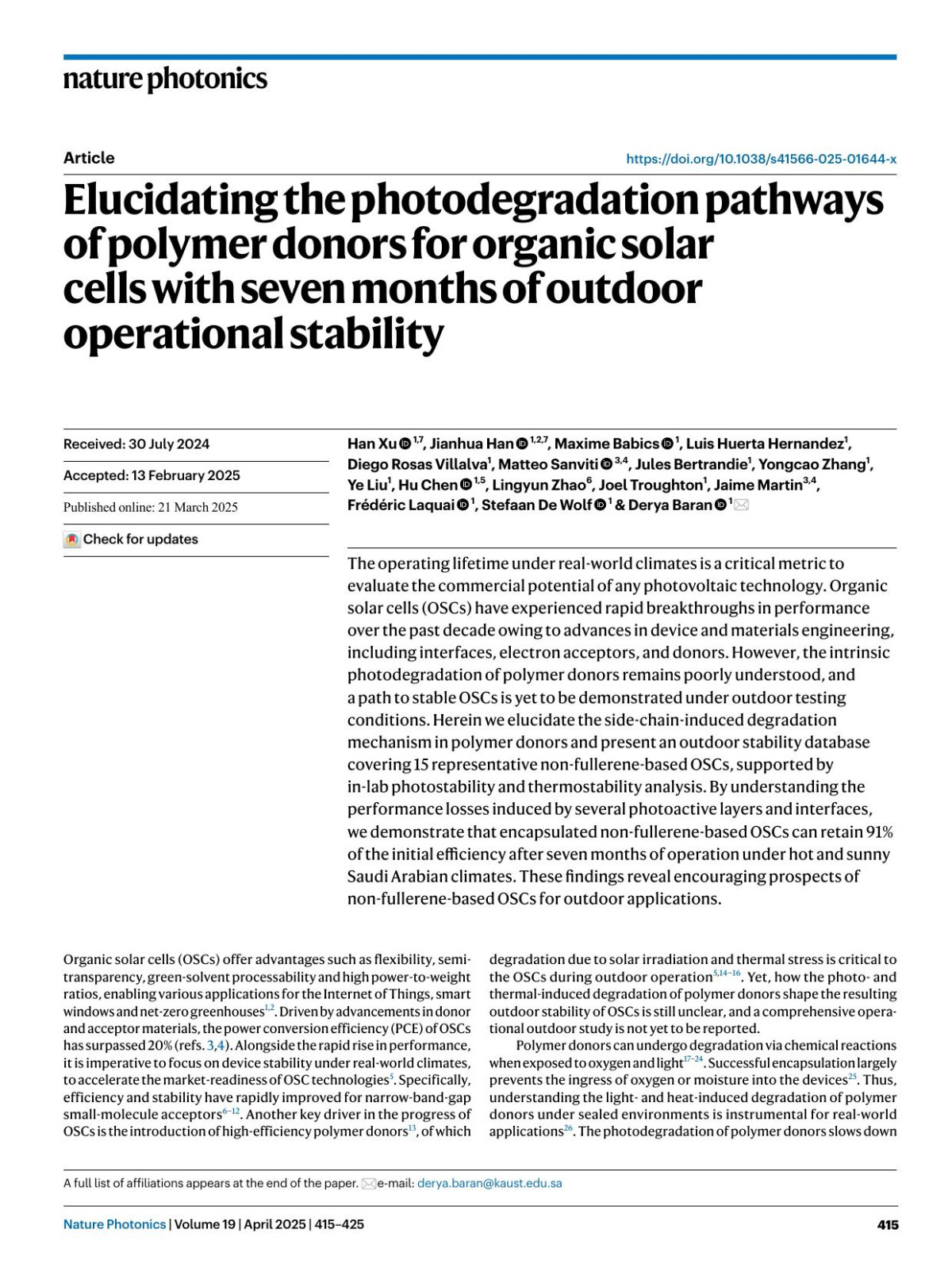 Elucidating The Photodegradation Pathways Of Polymer Donors For Organic Solar Cells With Seven Months Of Outdoor Operational Stability Han Xu Jianhua Han Maxime Babics Luis Huerta Hernandez Diego Rosas Villalva Matteo Sanviti Jules Bertrandie Yongcao Zhang Ye Liu Hu Chen Lingyun Zhao Joel Troughton Jaime Martin Frédéric Laquai Stefaan Wolf Derya Baran