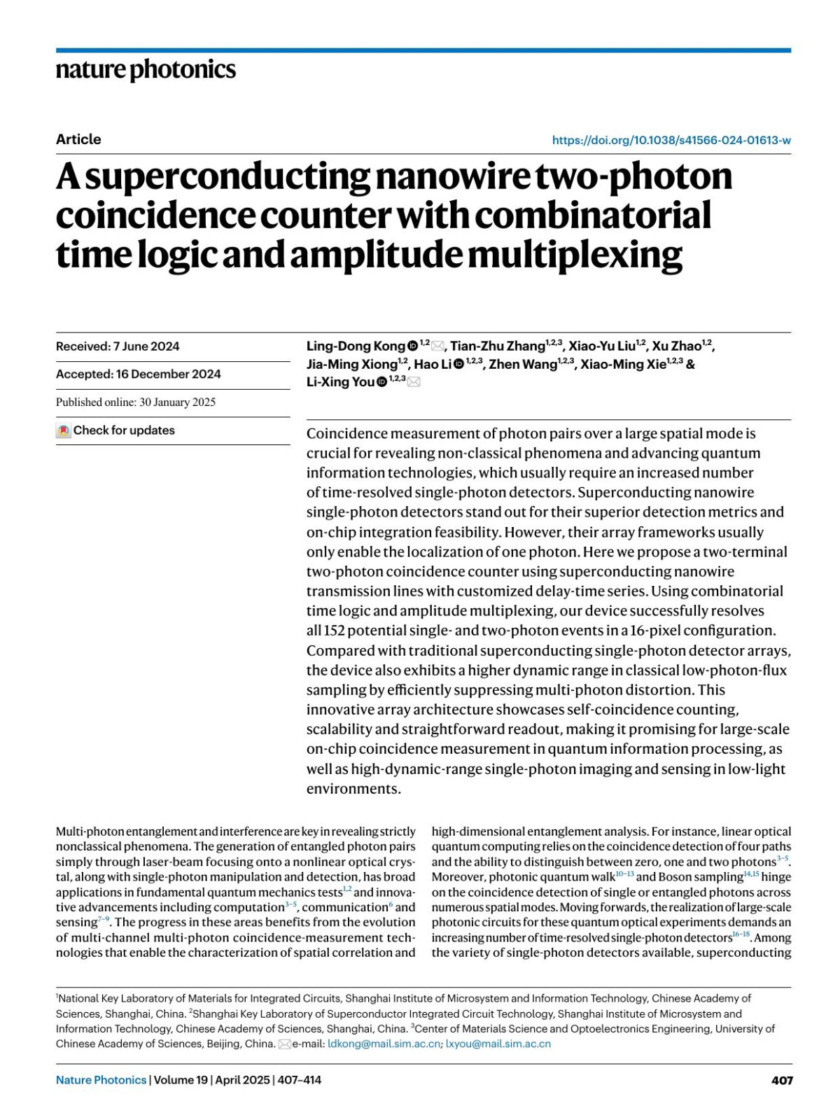 A Superconducting Nanowire Twophoton Coincidence Counter With Combinatorial Time Logic And Amplitude Multiplexing Lingdong Kong Tianzhu Zhang Xiaoyu Liu Xu Zhao Jiaming Xiong Hao Li Zhen Wang Xiaoming Xie Lixing You