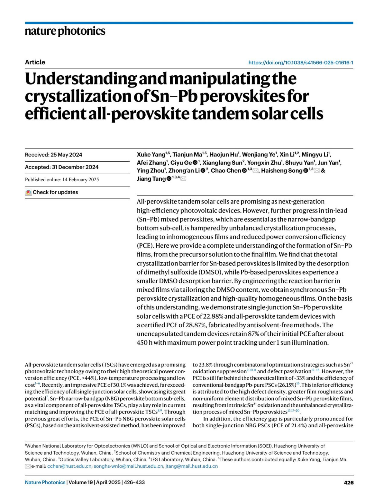 Understanding And Manipulating The Crystallization Of Snpb Perovskites For Efficient Allperovskite Tandem Solar Cells Xuke Yang Tianjun Ma Haojun Hu Wenjiang Ye Xin Li Mingyu Li Afei Zhang Ciyu Ge Xianglang Sun Yongxin Zhu Shuyu Yan Jun Yan Ying Zhou Zhongan Li Chao Chen Haisheng Song Jiang Tang