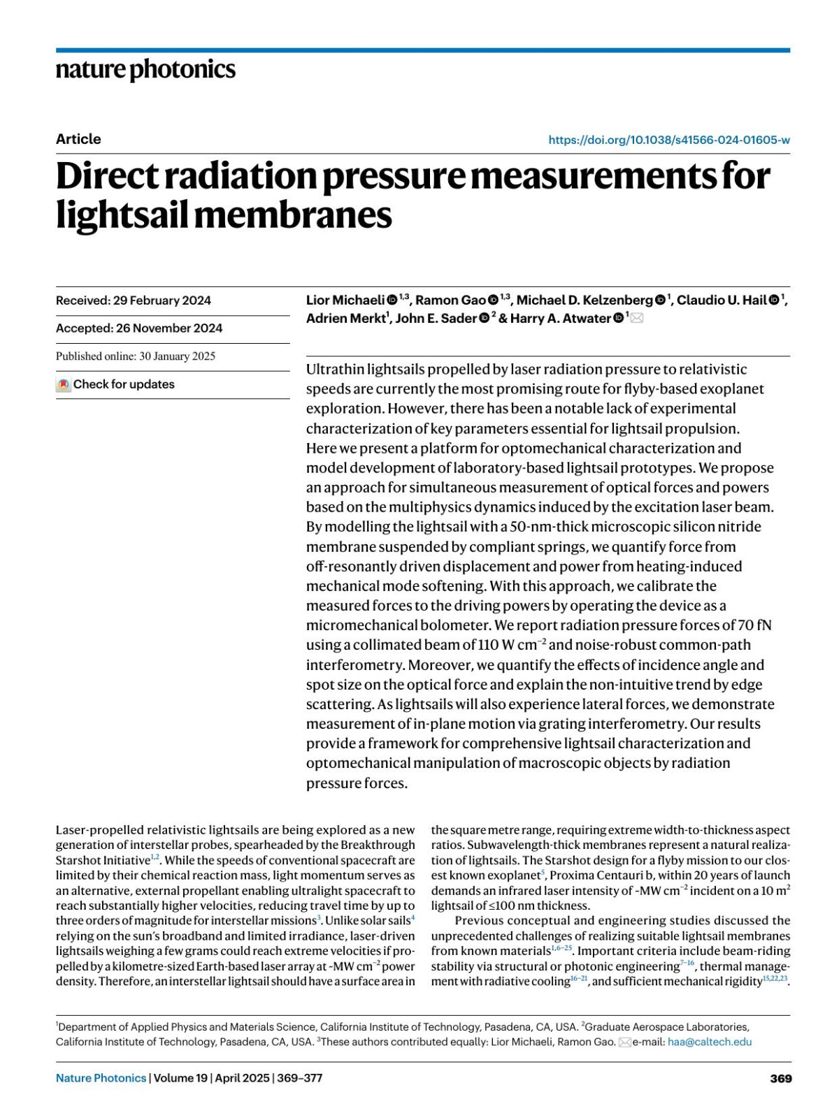 Direct Radiation Pressure Measurements For Lightsail Membranes Lior Michaeli Ramon Gao Michael D Kelzenberg Claudio U Hail Adrien Merkt John E Sader Harry A Atwater