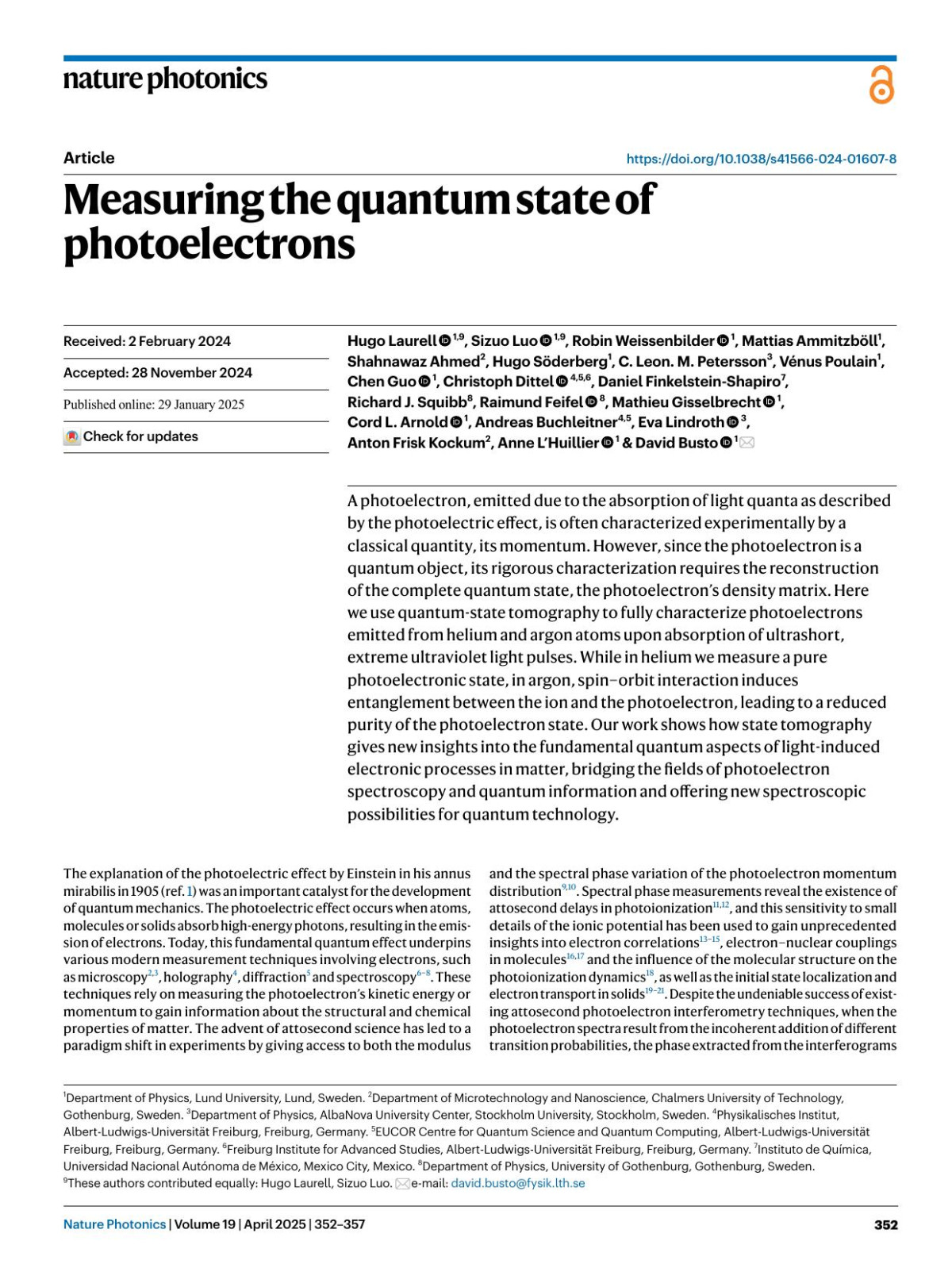 Measuring The Quantum State Of Photoelectrons Hugo Laurell Sizuo Luo Robin Weissenbilder Mattias Ammitzböll Shahnawaz Ahmed Hugo Söderberg C Leon M Petersson Vénus Poulain Chen Guo Christoph Dittel Daniel Finkelsteinshapiro Richard J Squibb Raimund Feifel Mathieu