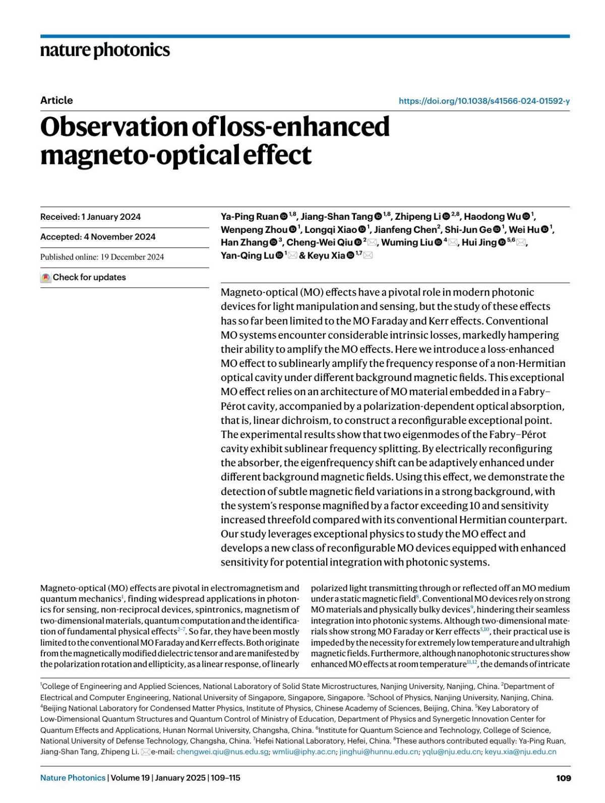 Observation Of Lossenhanced Magnetooptical Effect Yaping Ruan Jiangshan Tang Zhipeng Li Haodong Wu Wenpeng Zhou Longqi Xiao Jianfeng Chen Shijun Ge Wei Hu Han Zhang Chengwei Qiu Wuming Liu Hui Jing Yanqing Lu Keyu Xia