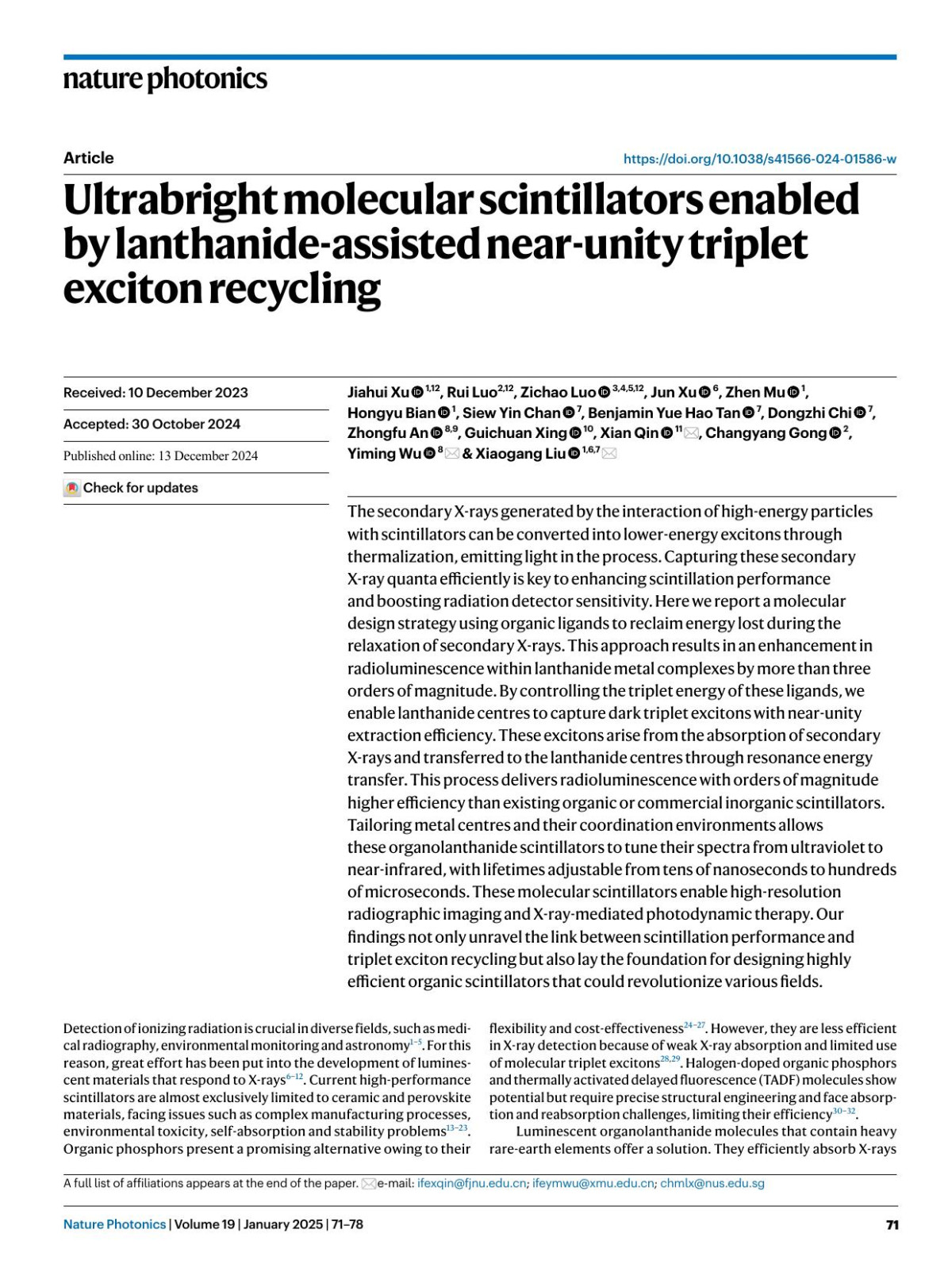 Ultrabright Molecular Scintillators Enabled By Lanthanideassisted Nearunity Triplet Exciton Recycling Jiahui Xu Rui Luo Zichao Luo Jun Xu Zhen Mu Hongyu Bian Siew Yin Chan Benjamin Yue Hao Tan Dongzhi Chi Zhongfu An Guichuan Xing Xian Qin Changyang Gong Yiming Wu Xiaogang Liu
