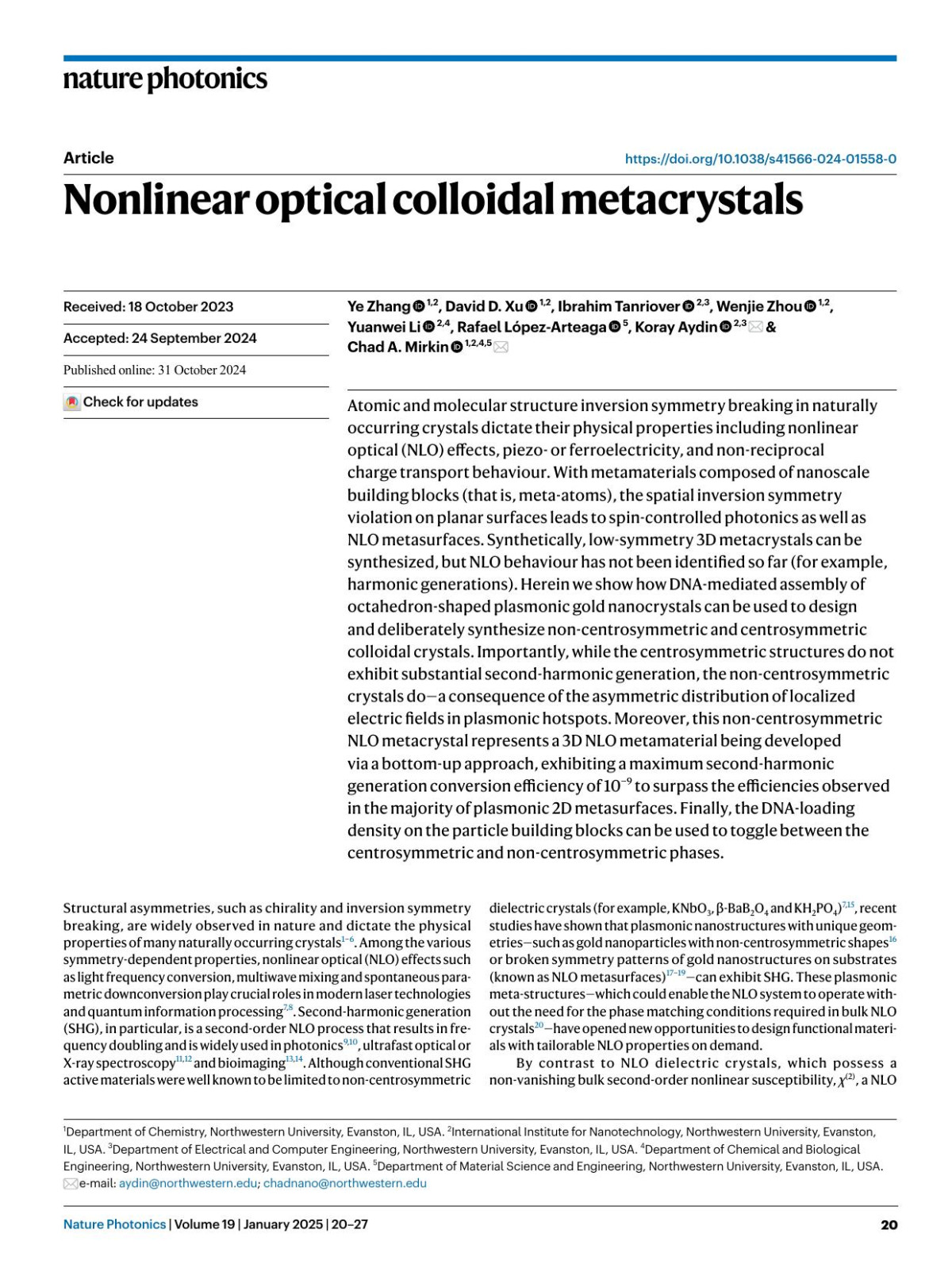 Nonlinear Optical Colloidal Metacrystals Ye Zhang David D Xu Ibrahim Tanriover Wenjie Zhou Yuanwei Li Rafael Lópezarteaga Koray Aydin Chad A Mirkin