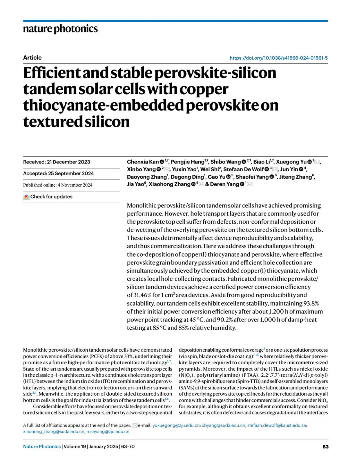 Efficient And Stable Perovskitesilicon Tandem Solar Cells With Copper Thiocyanateembedded Perovskite On Textured Silicon Chenxia Kan Pengjie Hang Shibo Wang Biao Li Xuegong Yu Xinbo Yang Yuxin Yao Wei Shi Stefaan Wolf Jun Yin Daoyong Zhang Degong Ding Cao Yu Shaofei Yang Jiteng Zhang Jia Yao Xiaohong Zhang Deren Yang