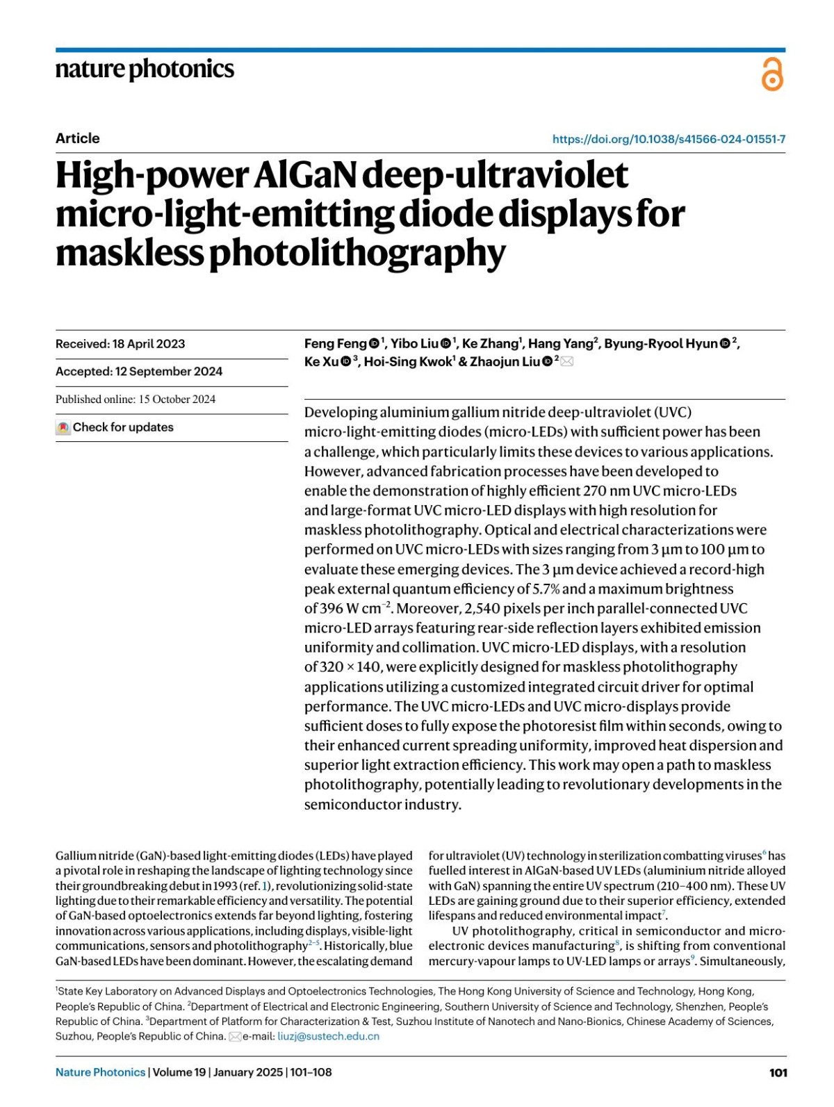 Highpower Algan Deepultraviolet Microlightemitting Diode Displays For Maskless Photolithography Feng Feng Yibo Liu Ke Zhang Hang Yang Byungryool Hyun Ke Xu Hoising Kwok Zhaojun Liu