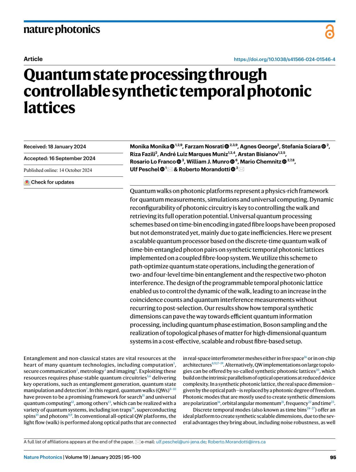 Quantum State Processing Through Controllable Synthetic Temporal Photonic Lattices Monika Monika Farzam Nosrati Agnes George Stefania Sciara Riza Fazili André Luiz Marques Muniz Arstan Bisianov Rosario Lo Franco William J Munro Mario Chemnitz Ulf Peschel Roberto Morandotti