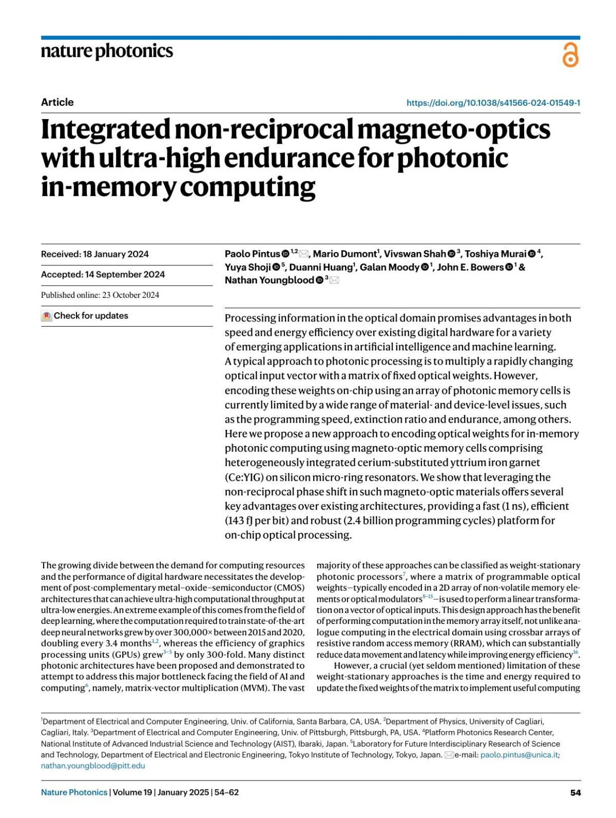 Integrated Nonreciprocal Magnetooptics With Ultrahigh Endurance For Photonic Inmemory Computing Paolo Pintus Mario Dumont Vivswan Shah Toshiya Murai Yuya Shoji Duanni Huang Galan Moody John E Bowers Nathan Youngblood