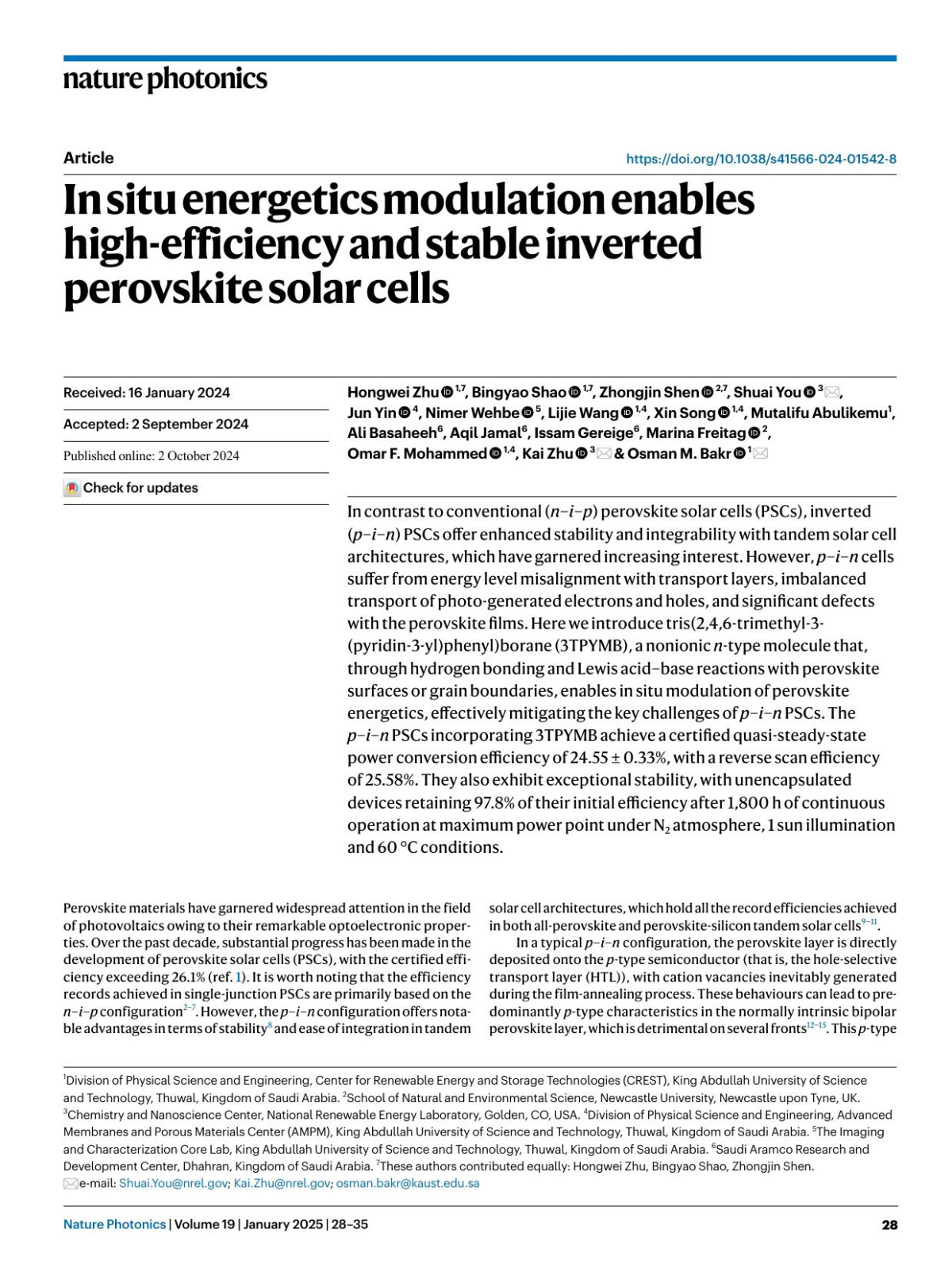 In Situ Energetics Modulation Enables Highefficiency And Stable Inverted Perovskite Solar Cells Hongwei Zhu Bingyao Shao Zhongjin Shen Shuai You Jun Yin Nimer Wehbe Lijie Wang Xin Song Mutalifu Abulikemu Ali Basaheeh Aqil Jamal Issam Gereige Marina Freitag Omar F Mohammed Kai Zhu Osman M Bakr