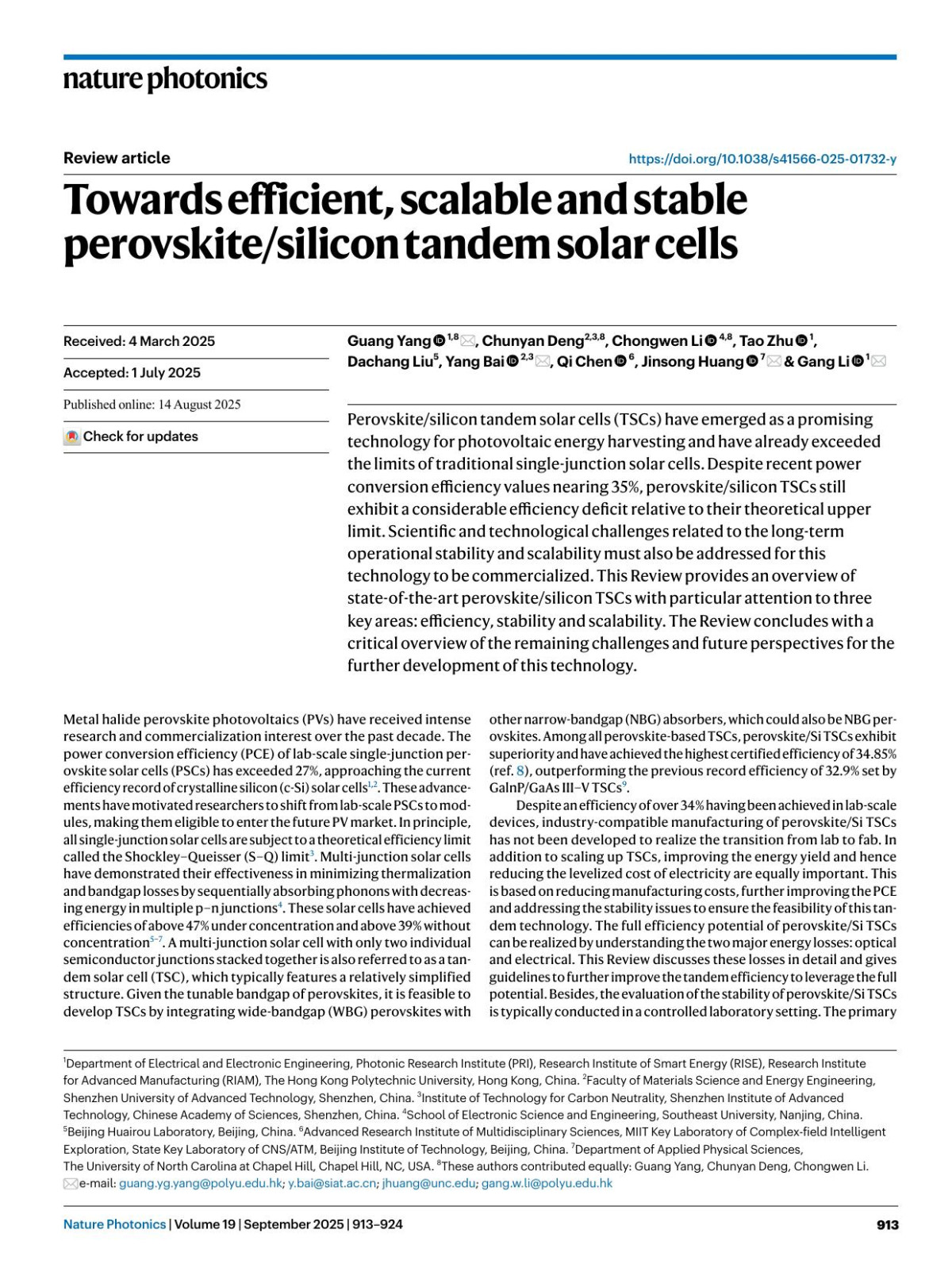Towards Efficient Scalable And Stable Perovskitesilicon Tandem Solar Cells Guang Yang Chunyan Deng Chongwen Li Tao Zhu Dachang Liu Yang Bai Qi Chen Jinsong Huang Gang Li