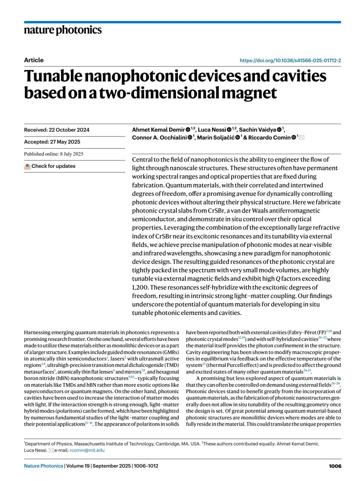 Tunable Nanophotonic Devices And Cavities Based On A Twodimensional Magnet Ahmet Kemal Demir Luca Nessi Sachin Vaidya Connor A Occhialini Marin Soljačić Riccardo Comin