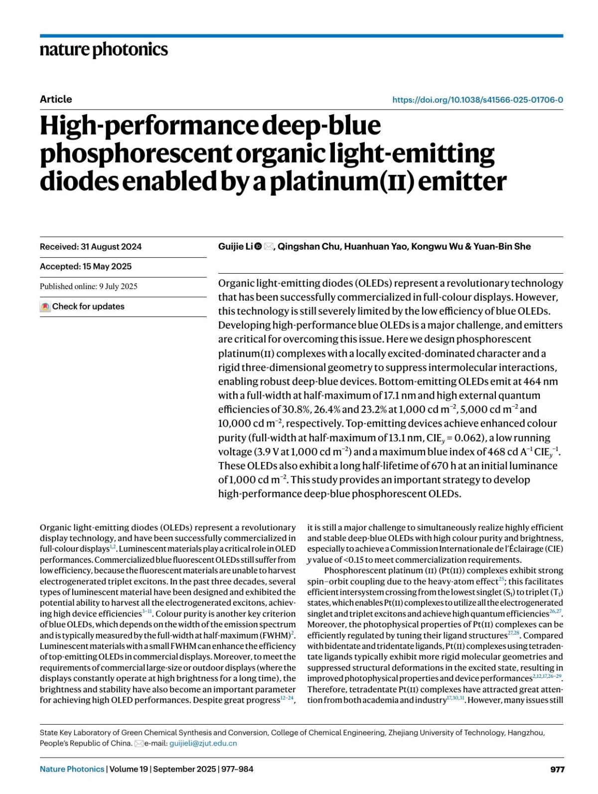 Highperformance Deepblue Phosphorescent Organic Lightemitting Diodes Enabled By A Platinumii Emitter Guijie Li Qingshan Chu Huanhuan Yao Kongwu Wu Yuanbin She