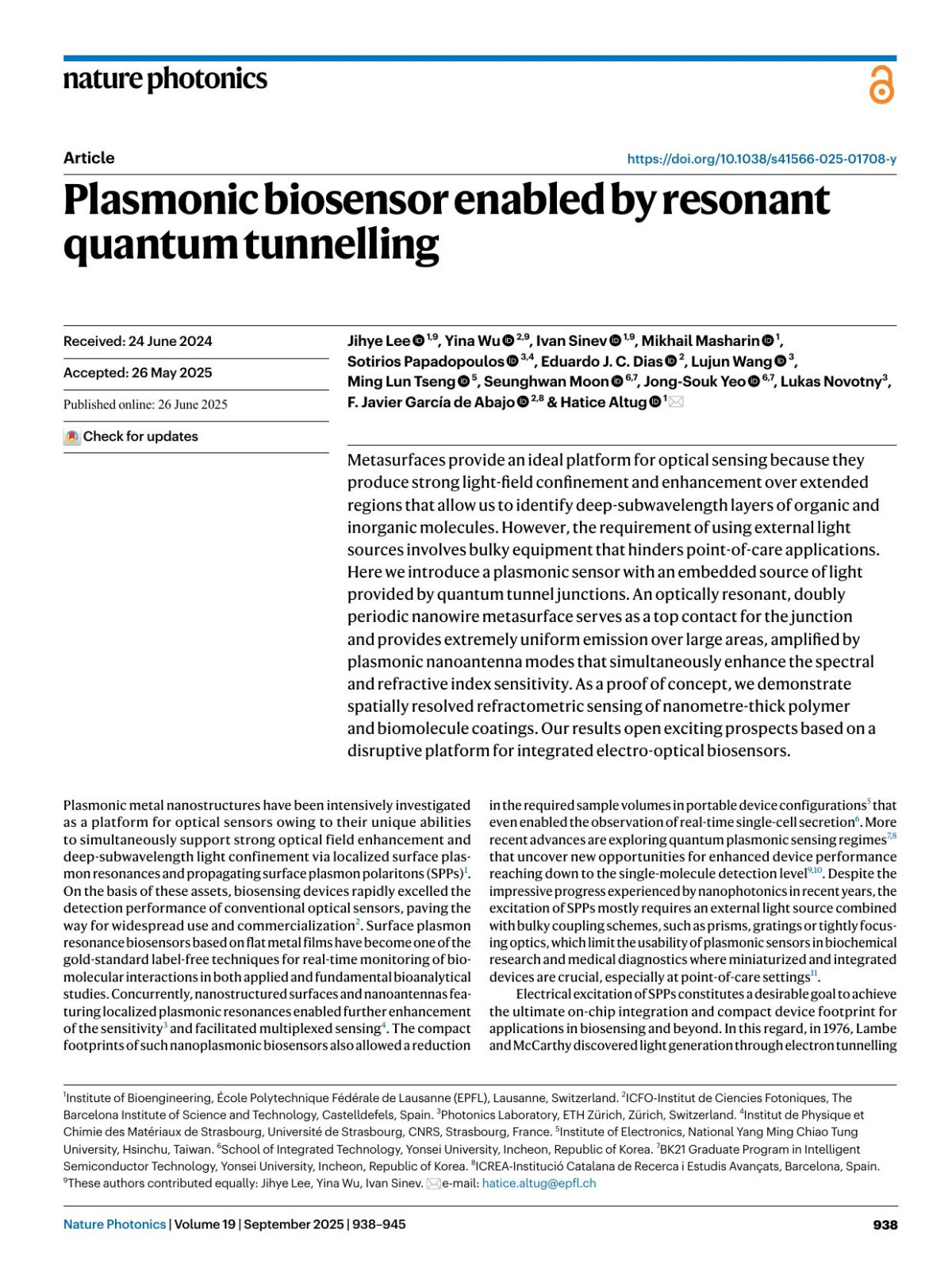 Plasmonic Biosensor Enabled By Resonant Quantum Tunnelling Jihye Lee Yina Wu Ivan Sinev Mikhail Masharin Sotirios Papadopoulos Eduardo J C Dias Lujun Wang Ming Lun Tseng Seunghwan Moon Jongsouk Yeo Lukas Novotny F Javier García De Abajo Hatice Altug