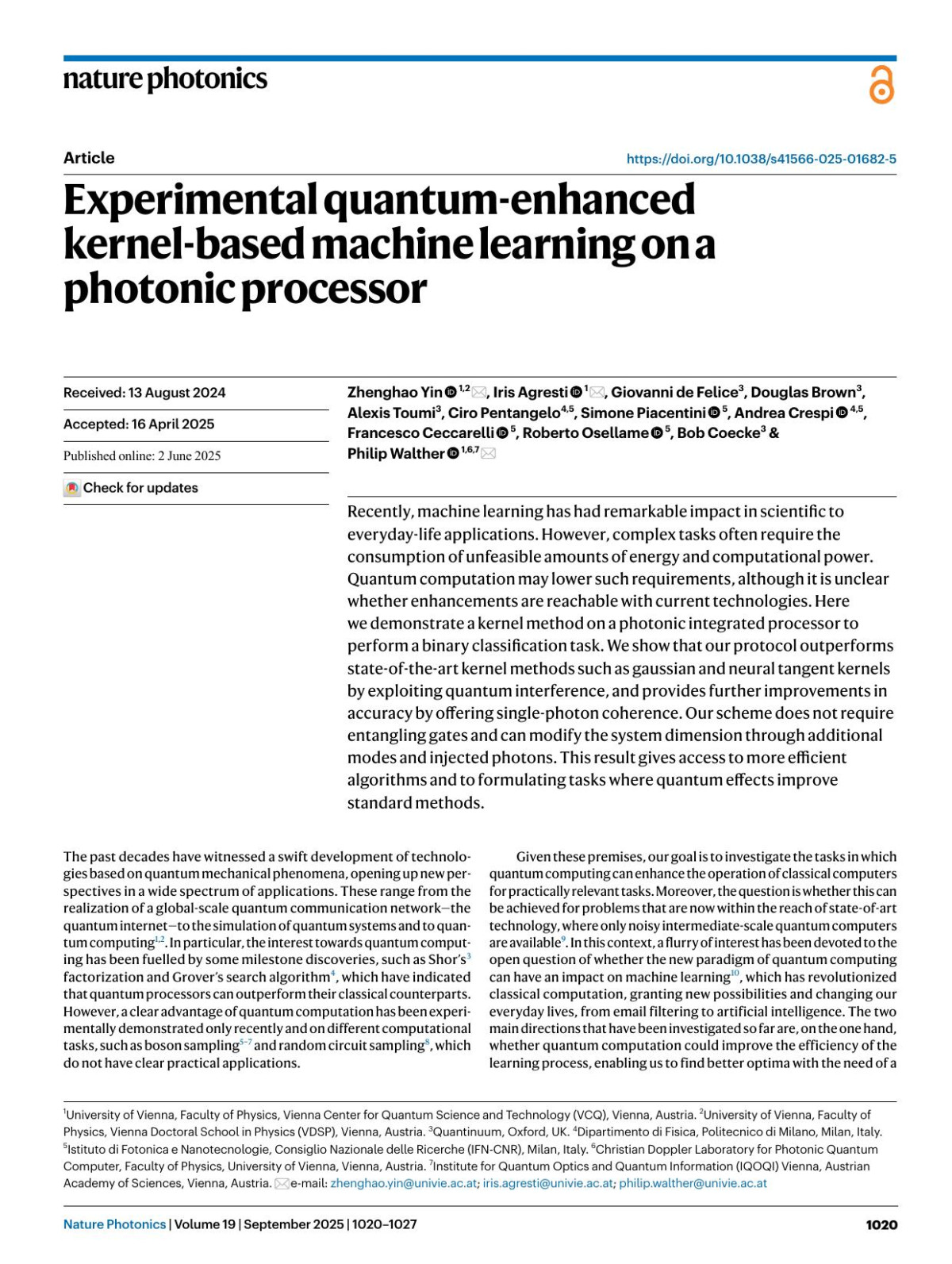 Experimental Quantumenhanced Kernelbased Machine Learning On A Photonic Processor Zhenghao Yin Iris Agresti Giovanni Felice Douglas Brown Alexis Toumi Ciro Pentangelo Simone Piacentini Andrea Crespi Francesco Ceccarelli Roberto Osellame Bob Coecke Philip Walther