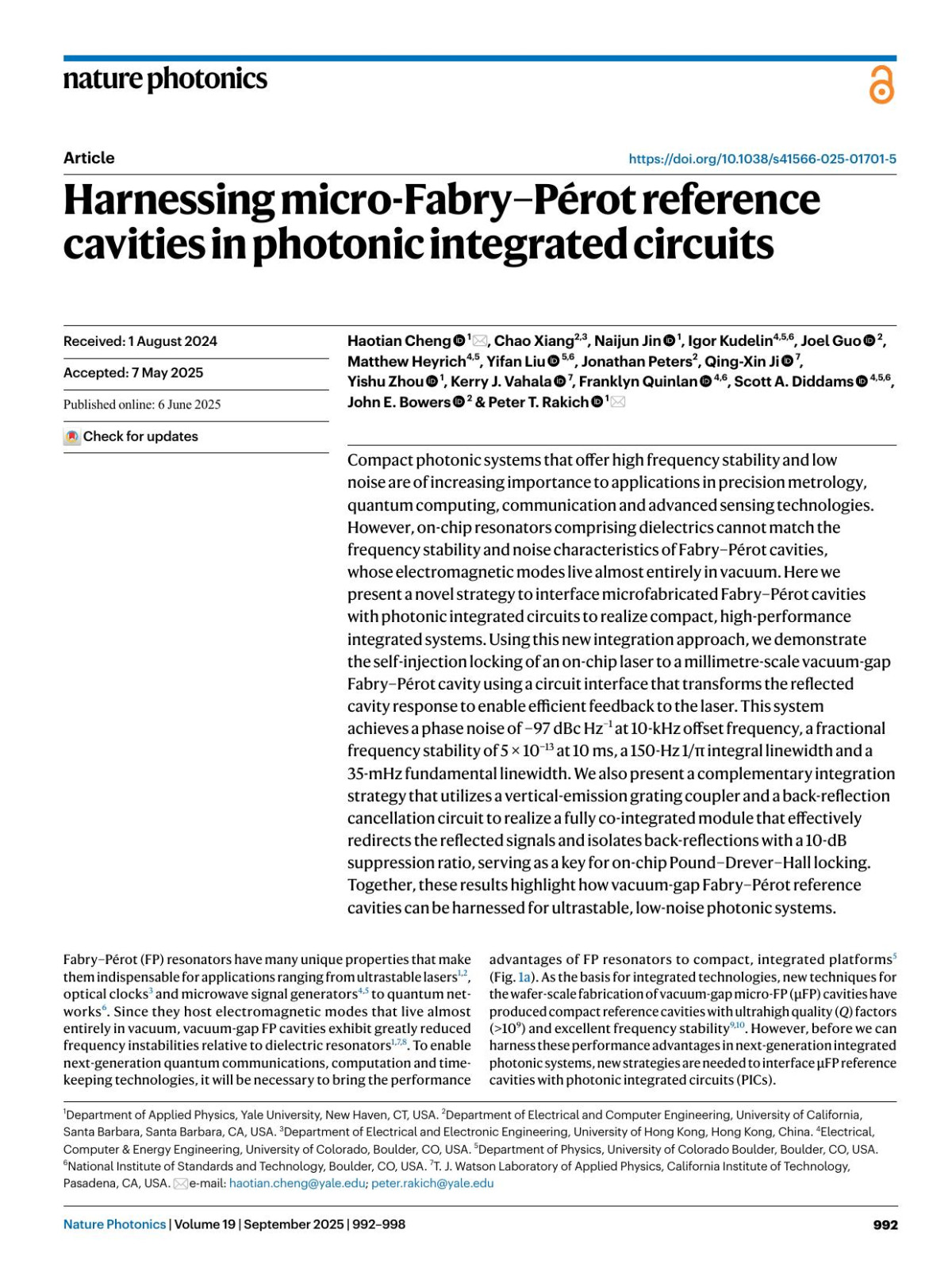 Harnessing Microfabrypérot Reference Cavities In Photonic Integrated Circuits Haotian Cheng Chao Xiang Naijun Jin Igor Kudelin Joel Guo Matthew Heyrich Yifan Liu Jonathan Peters Qingxin Ji Yishu Zhou Kerry J Vahala Franklyn Quinlan Scott A Diddams John E Bowers Peter T Rakich