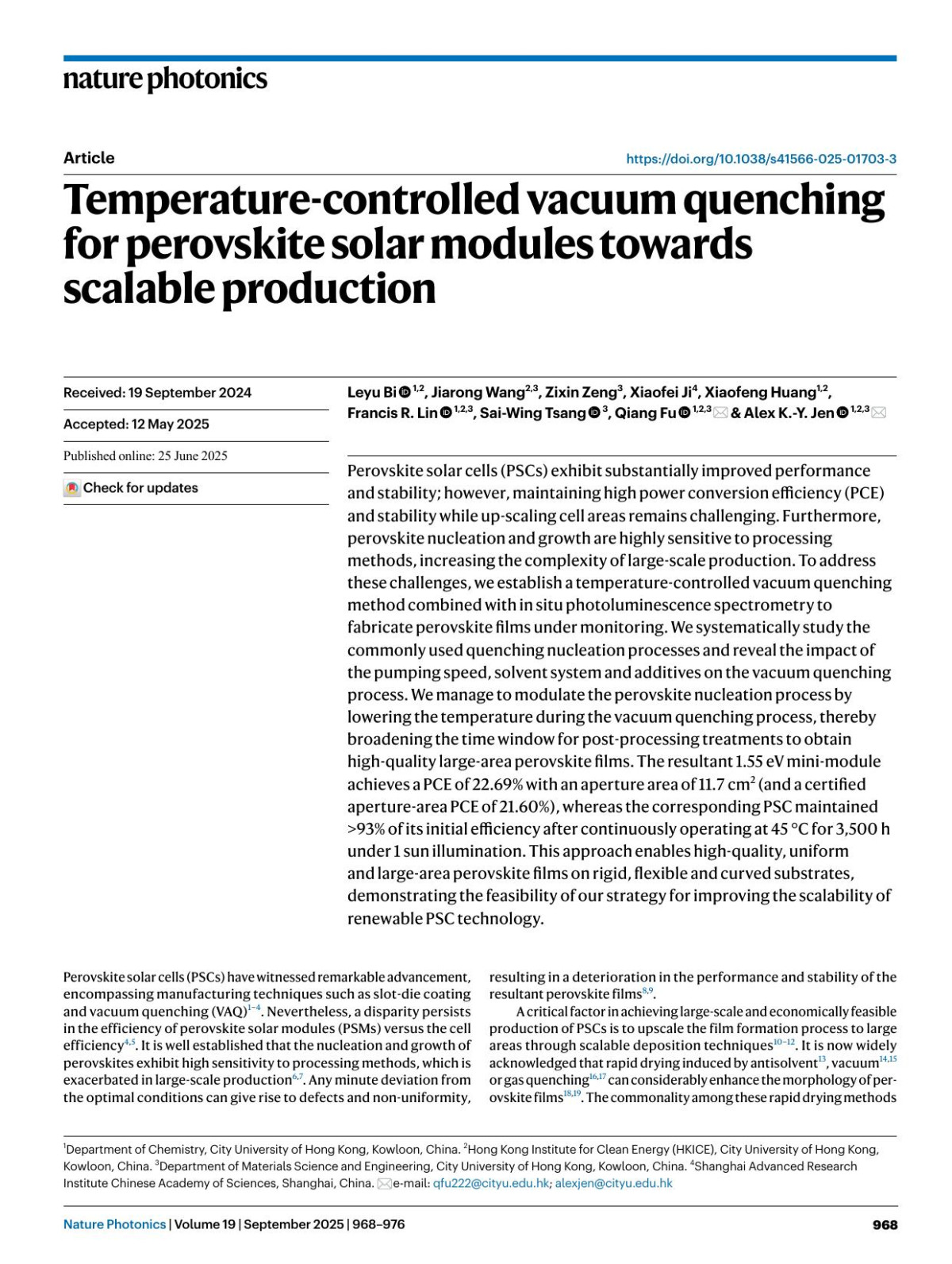 Temperaturecontrolled Vacuum Quenching For Perovskite Solar Modules Towards Scalable Production Leyu Bi Jiarong Wang Zixin Zeng Xiaofei Ji Xiaofeng Huang Francis R Lin Saiwing Tsang Qiang Fu Alex Ky Jen