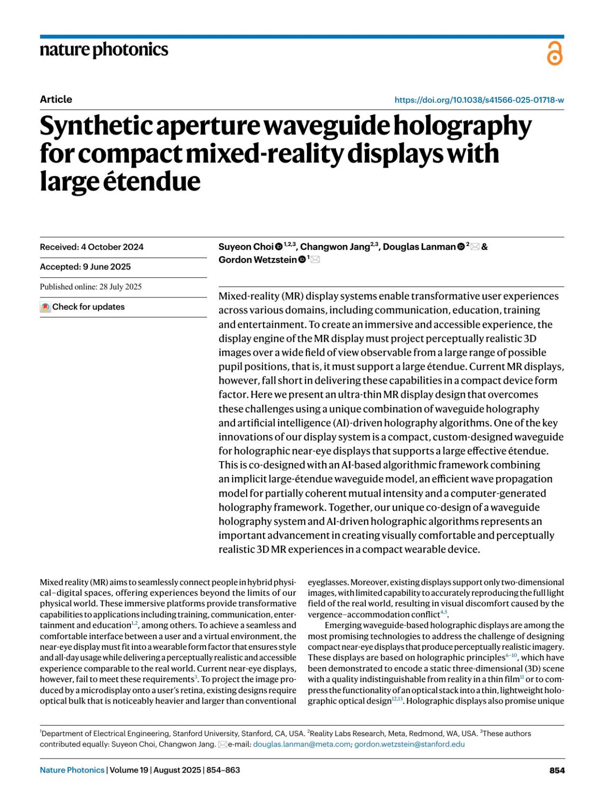 Synthetic Aperture Waveguide Holography For Compact Mixedreality Displays With Large étendue Suyeon Choi Changwon Jang Douglas Lanman Gordon Wetzstein