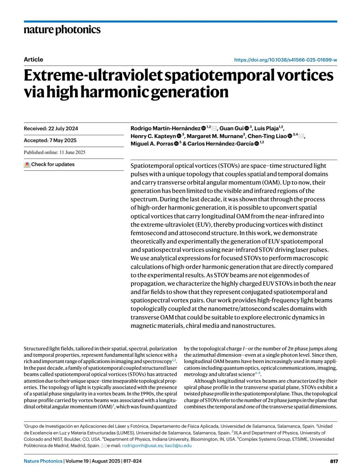 Extremeultraviolet Spatiotemporal Vortices Via High Harmonic Generation Rodrigo Martínhernández Guan Gui Luis Plaja Henry C Kapteyn Margaret M Murnane Chenting Liao Miguel A Porras Carlos Hernándezgarcía