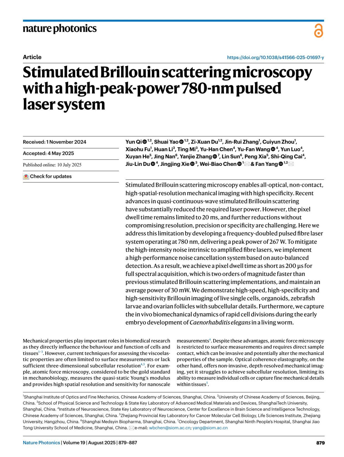 Stimulated Brillouin Scattering Microscopy With A Highpeakpower 780nm Pulsed Laser System Yun Qi Shuai Yao Zixuan Du Jinrui Zhang Cuiyun Zhou Xiaohu Fu Huan Li Ting Mi Yuhan Chen Yufan Wang Yun Luo Xuyan He Jing Nan Yanjie Zhang Lin Sun Peng Xia Shiqing Cai Jiulin Du Jingjing Xie Weibiao Chen
