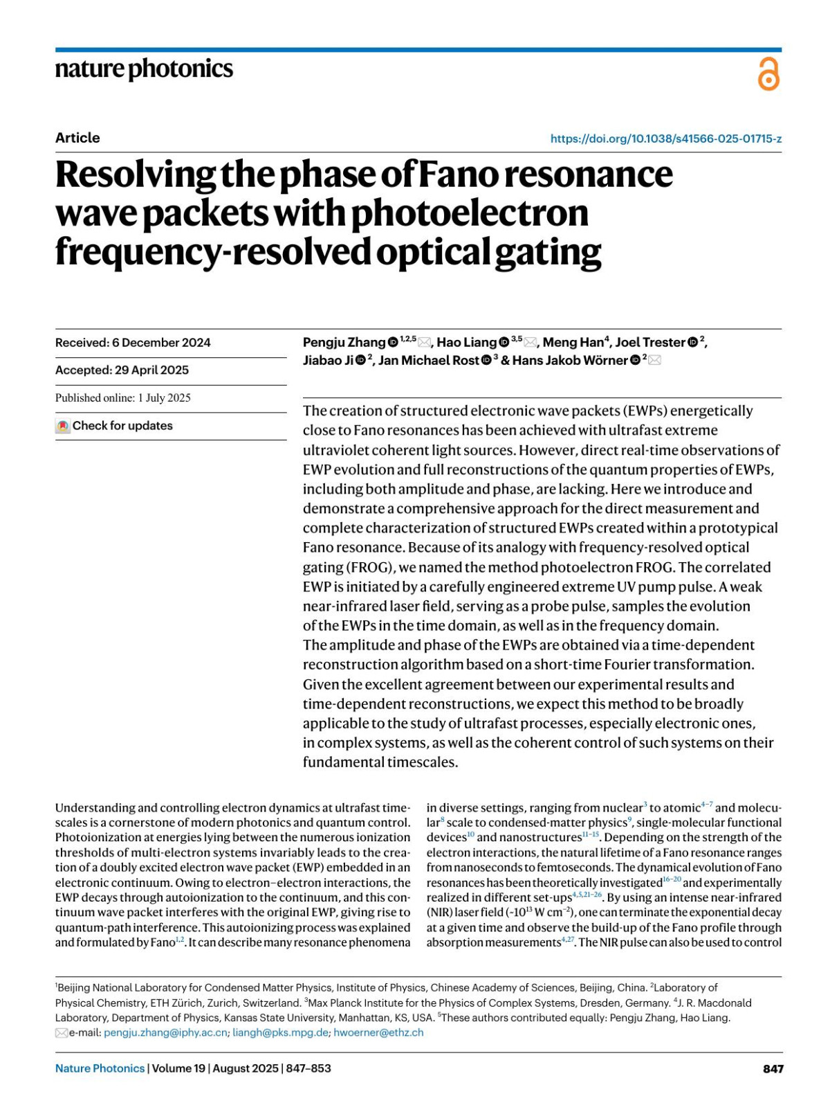 Resolving The Phase Of Fano Resonance Wave Packets With Photoelectron Frequencyresolved Optical Gating Pengju Zhang Hao Liang Meng Han Joel Trester Jiabao Ji Jan Michael Rost Hans Jakob Wörner