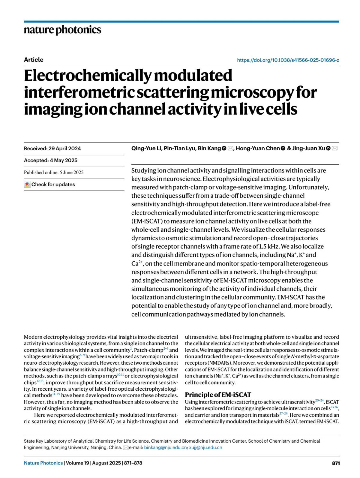 Electrochemically Modulated Interferometric Scattering Microscopy For Imaging Ion Channel Activity In Live Cells Qingyue Li Pintian Lyu Bin Kang Hongyuan Chen Jingjuan Xu