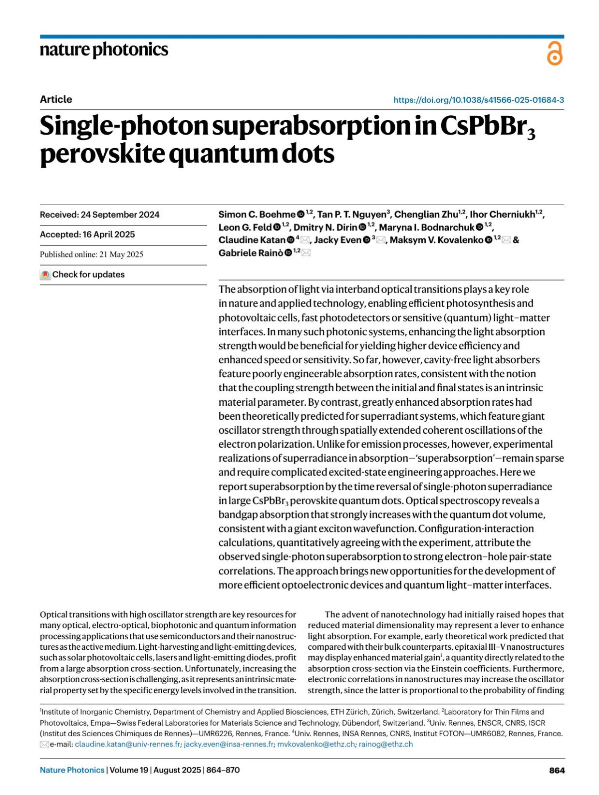 Singlephoton Superabsorption In Cspbbr3 Perovskite Quantum Dots Simon C Boehme Tan P T Nguyen Chenglian Zhu Ihor Cherniukh Leon G Feld Dmitry N Dirin Maryna I Bodnarchuk Claudine Katan Jacky Even Maksym V Kovalenko Gabriele Rainò