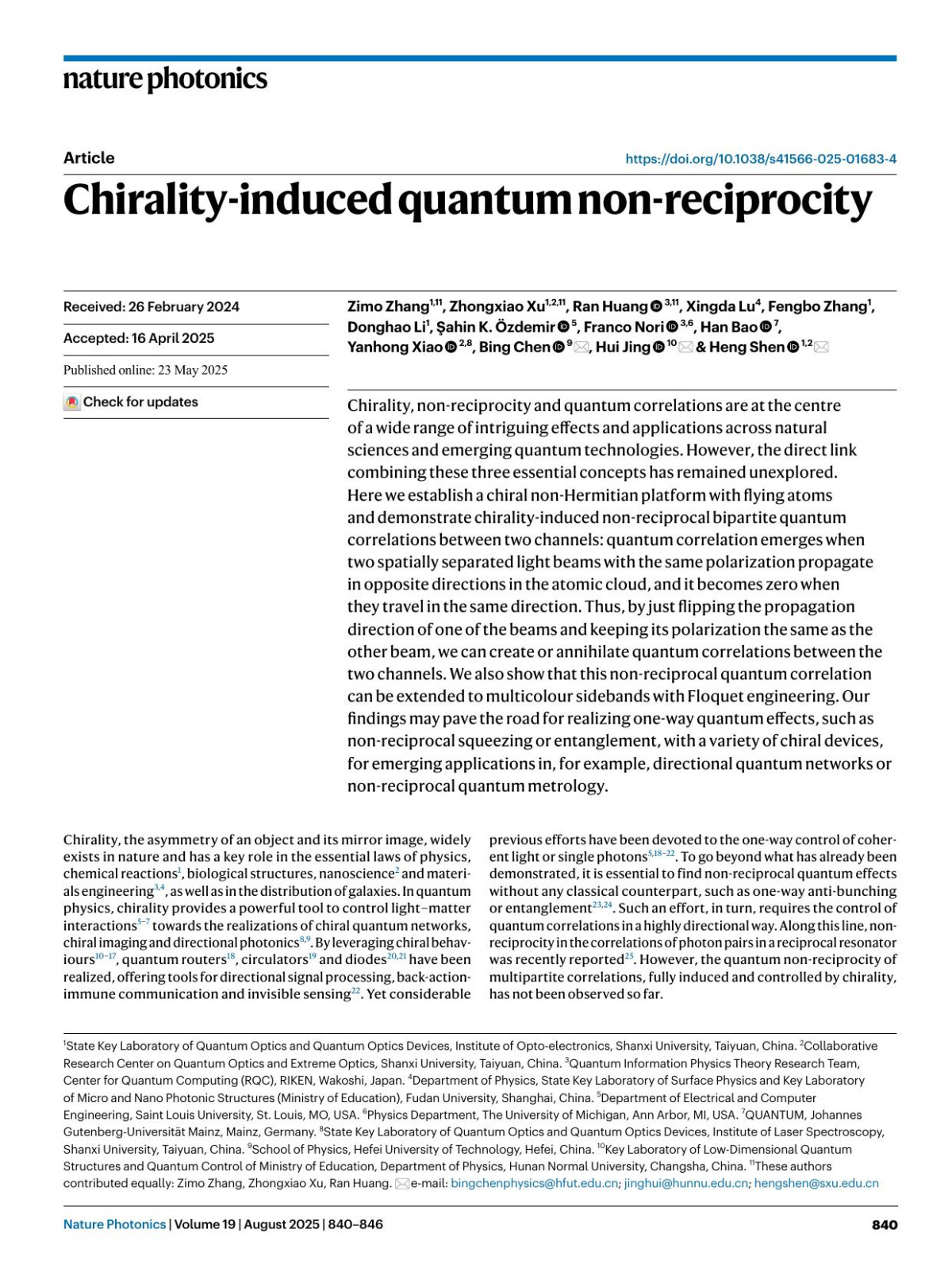 Chiralityinduced Quantum Nonreciprocity Zimo Zhang Zhongxiao Xu Ran Huang Xingda Lu Fengbo Zhang Donghao Li şahin K özdemir Franco Nori Han Bao Yanhong Xiao Bing Chen Hui Jing Heng Shen