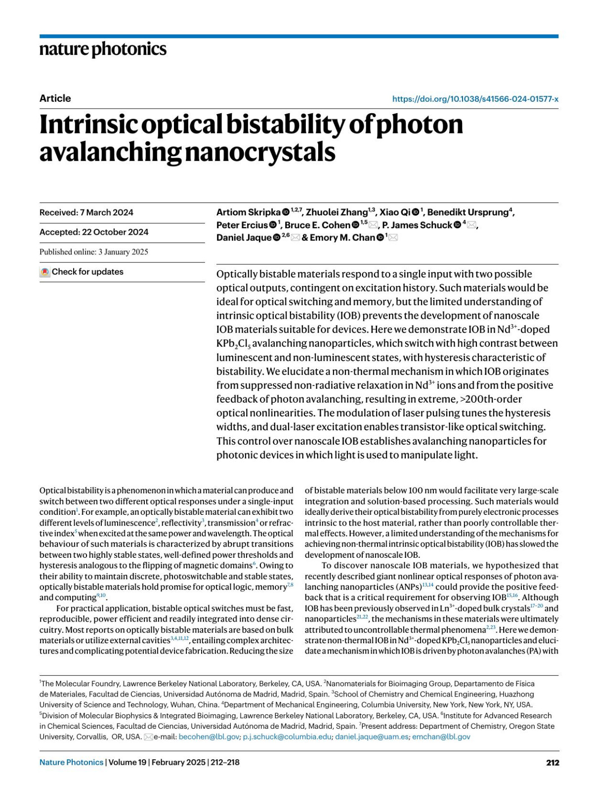 Intrinsic Optical Bistability Of Photon Avalanching Nanocrystals Artiom Skripka Zhuolei Zhang Xiao Qi Benedikt Ursprung Peter Ercius Bruce E Cohen P James Schuck Daniel Jaque Emory M Chan