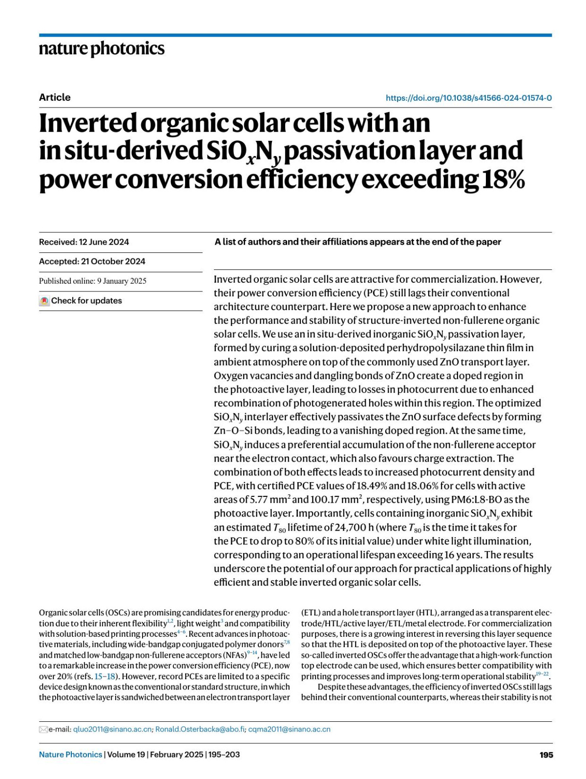 Inverted Organic Solar Cells With An In Situderived Sioxny Passivation Layer And Power Conversion Efficiency Exceeding 18 Bowen Liu Oskar J Sandberg Jian Qin Yueying Liu Sebastian Wilken Na Wu Xuelai Yu Jin Fang Zhiyun Li Rong Huang Wusong Zha Qun Luo Hongwei Tan Ronald österbacka Changqi Ma