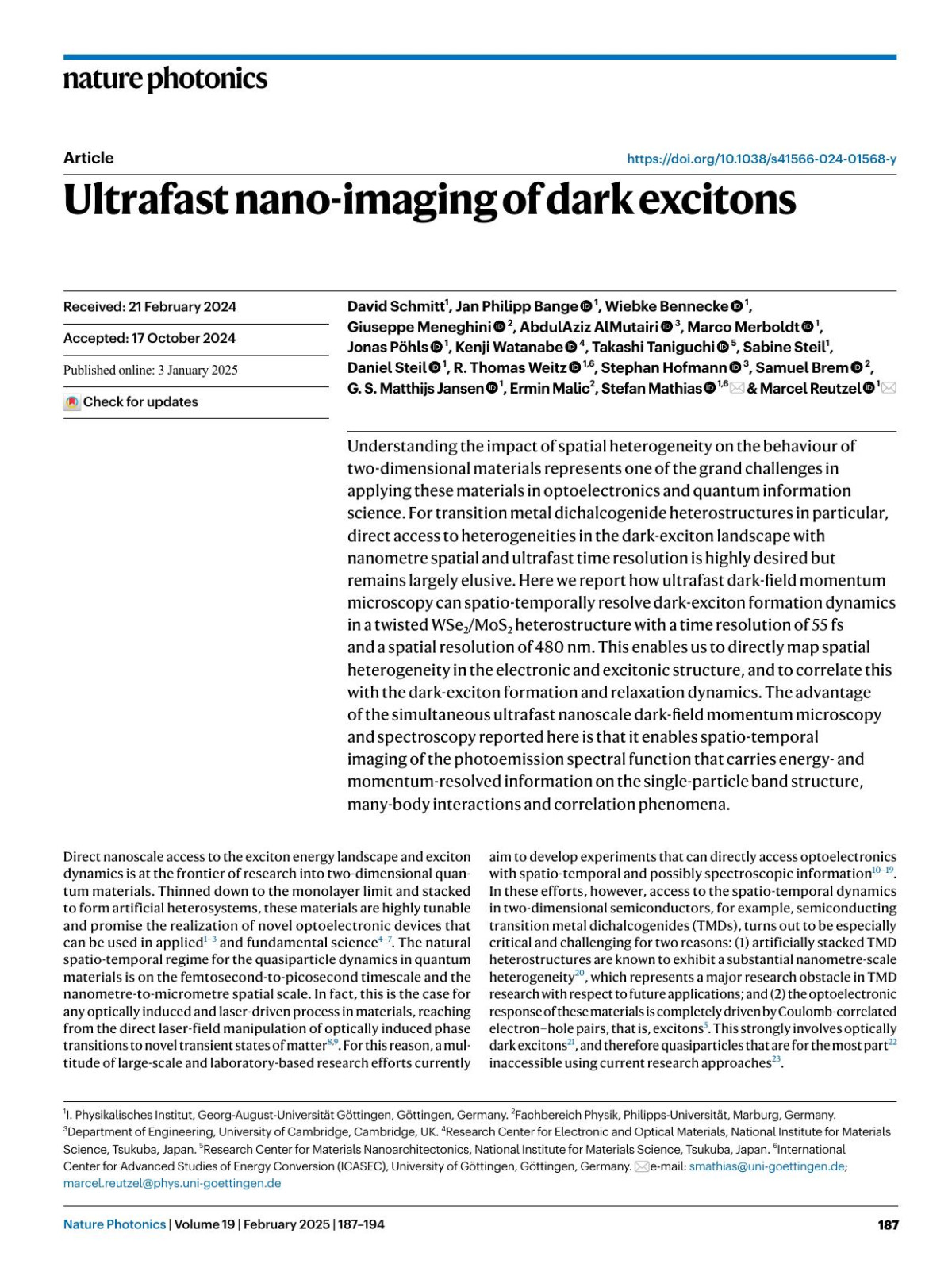Ultrafast Nanoimaging Of Dark Excitons David Schmitt Jan Philipp Bange Wiebke Bennecke Giuseppe Meneghini Abdulaziz Almutairi Marco Merboldt Jonas Pöhls Kenji Watanabe Takashi Taniguchi Sabine Steil Daniel Steil R Thomas Weitz Stephan Hofmann Samuel Brem G S