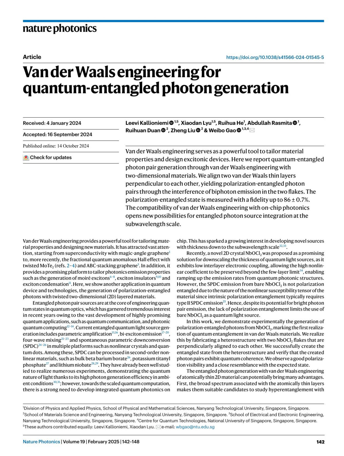 Van Der Waals Engineering For Quantumentangled Photon Generation Leevi Kallioniemi Xiaodan Lyu Ruihua He Abdullah Rasmita Ruihuan Duan Zheng Liu Weibo Gao